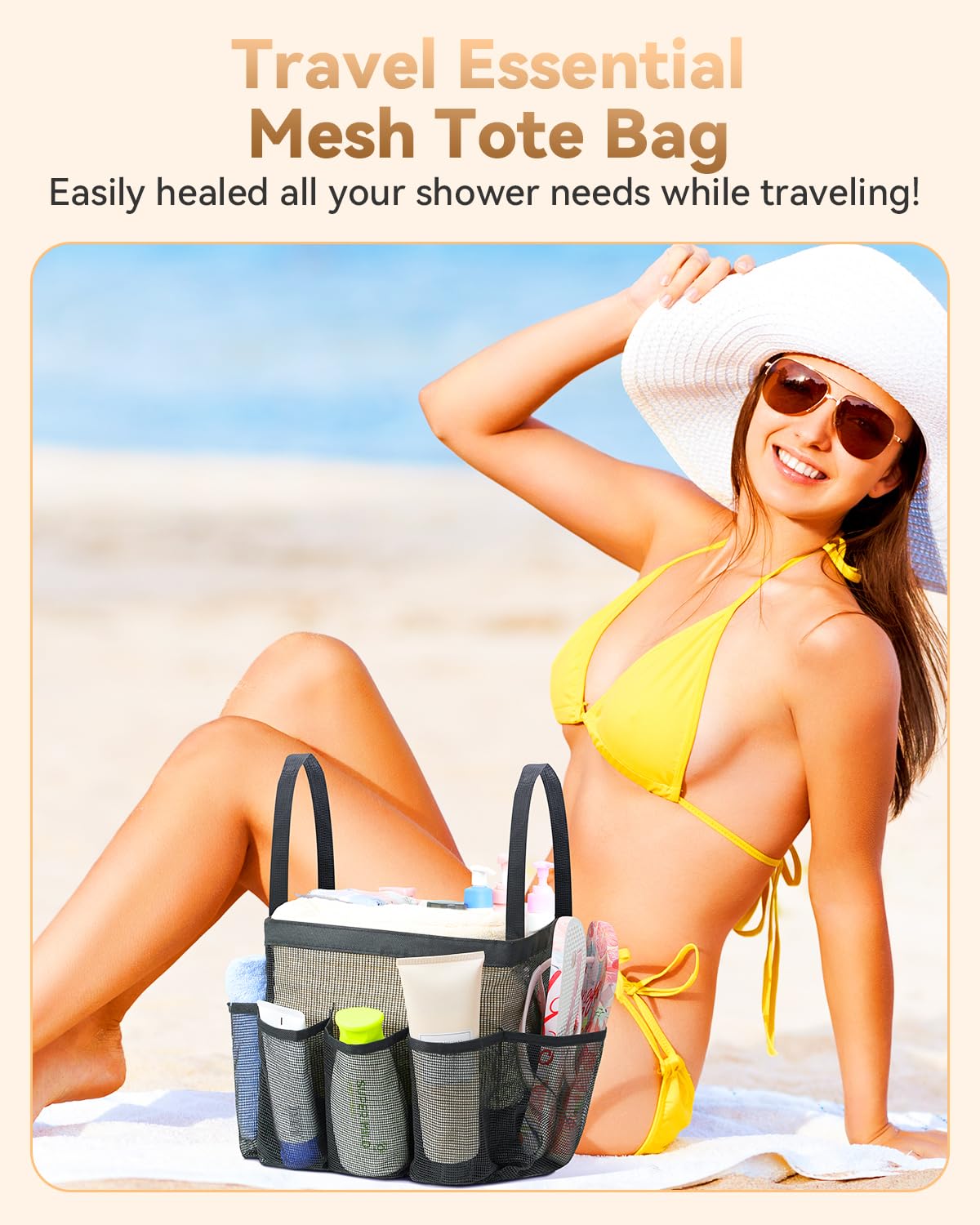 Temede Mesh Shower Caddy Tote, Large Shower Caddy Basket Portable, Quick Dry Hanging Toiletry Bag, 8 Storage Pocket Handle Bath