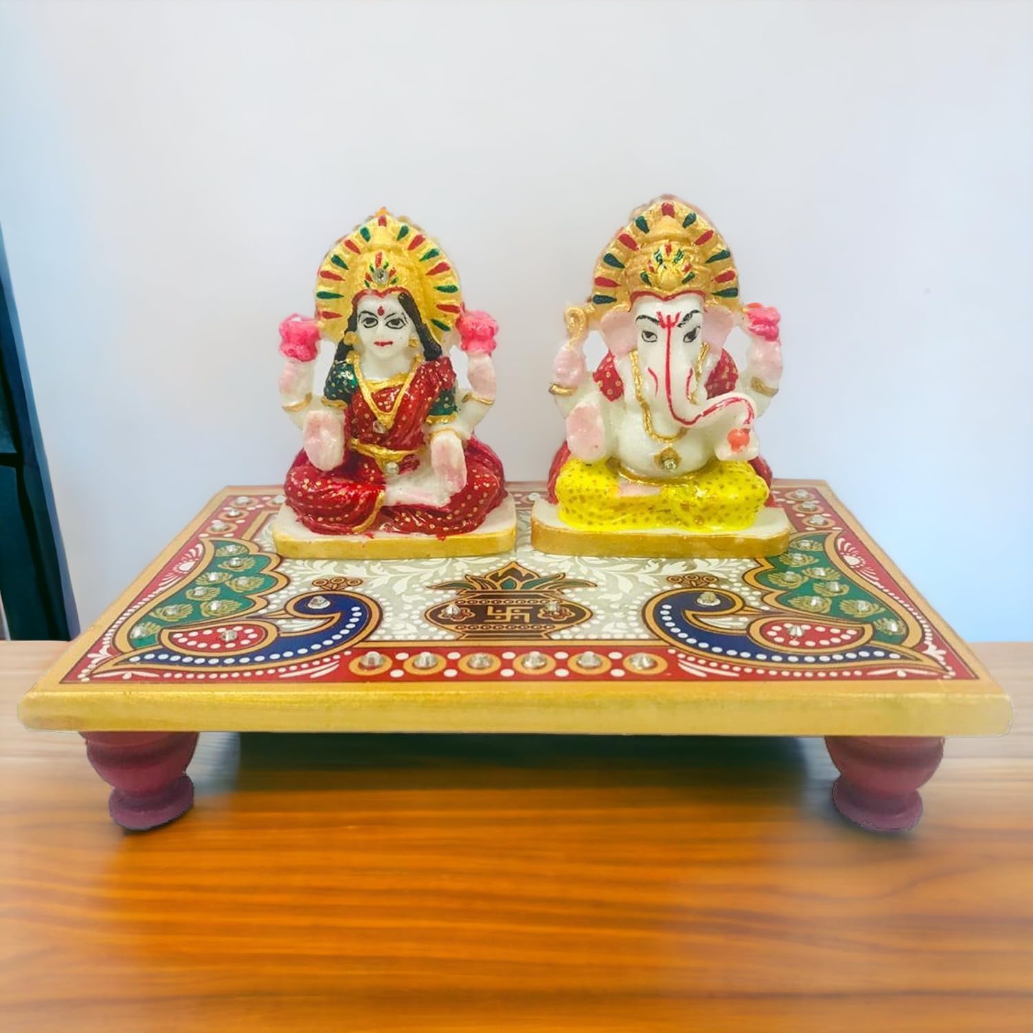 Sesonby Laxmi Ganesh Idol Handmade Religious Laxmi Ganesh With Chowki Pata Idols Showpiece Diwali Gift Diwali Pooja Home Decor-O