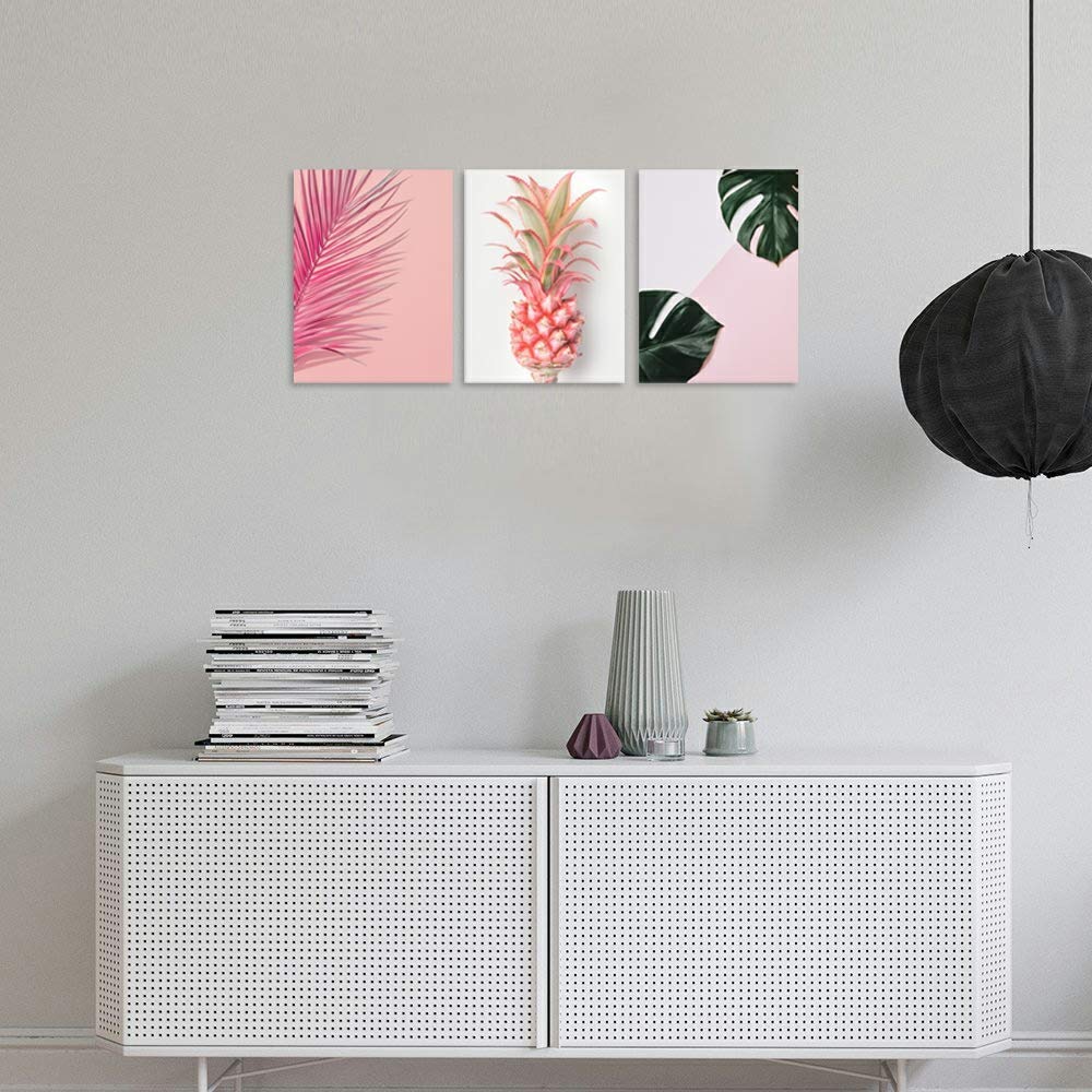 Tutubeer Plant Wall Art With Pink Pineapple At Pink Background Tropical Wall Decor Green Plant Art 12'' X 16'' X 3 Pieces Canvas