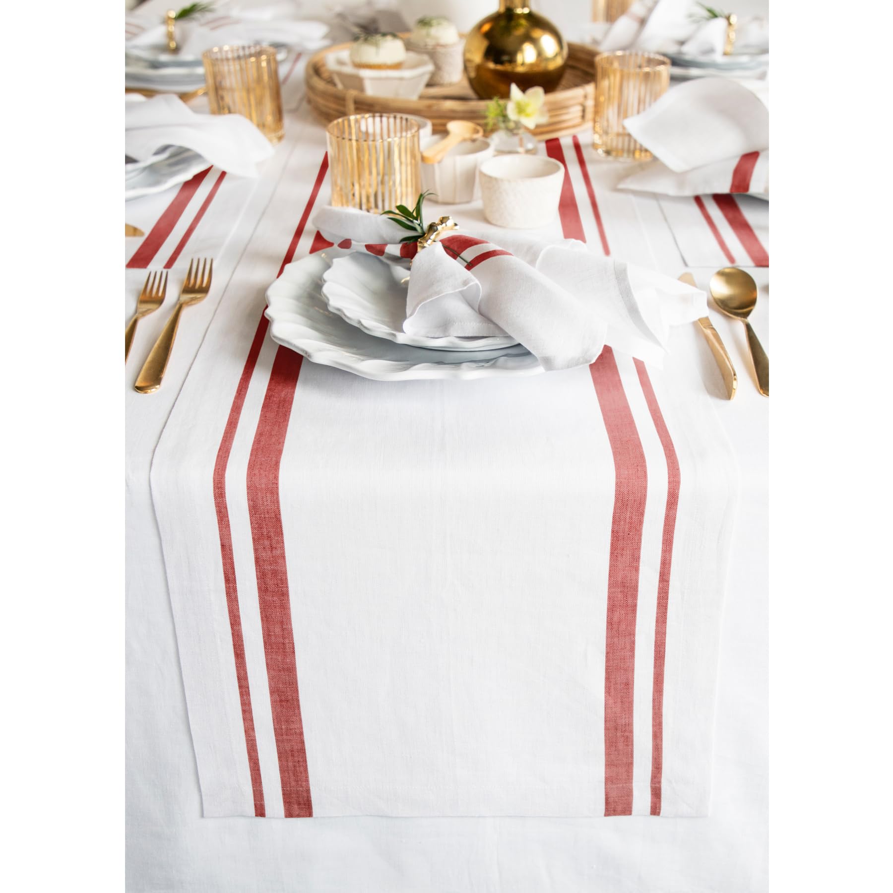 Solino Home Stripe Linen Table Runner 60 Inch - 100% Pure Linen Red And White Short Table Runner 14 X 60 Inch Ideal For Dresser