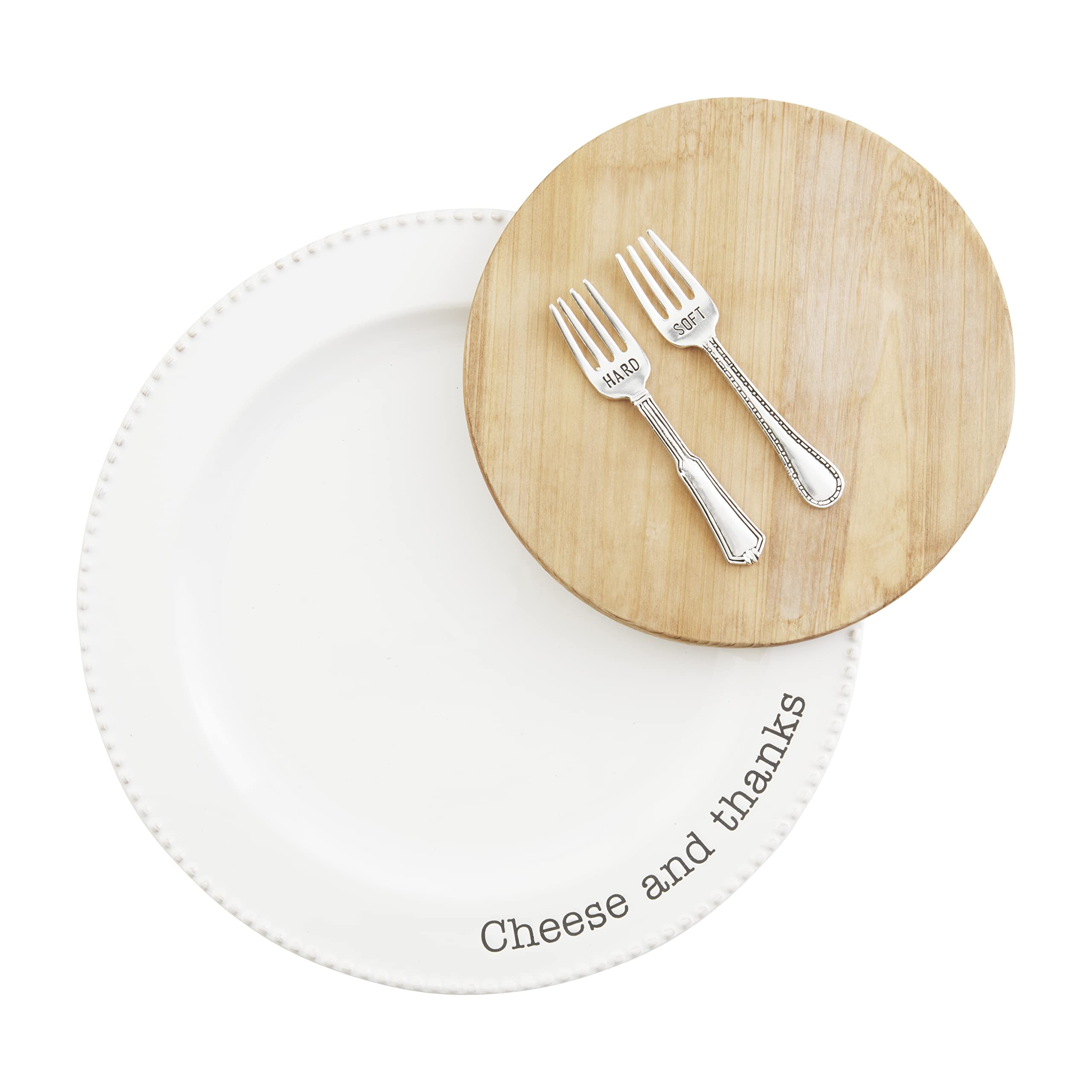 Mud Pie 85 Circa Cheese Set, White, 10.5'' 6.5'' 4.25'', Plate 10 1/2'' Dia | Board 6 1/2'' Dia | Fork 4 1/4''