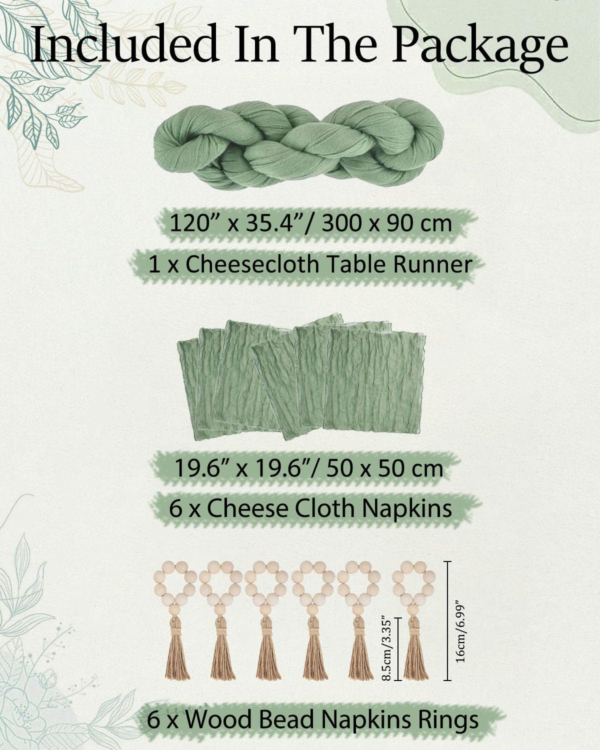 Fusenyuan Sage Green Cheesecloth Table Runner 10Ft +6 Napkins +6 Wood Bead Napkin Rings Rustic Gauze Sheer Table Runner Sets For