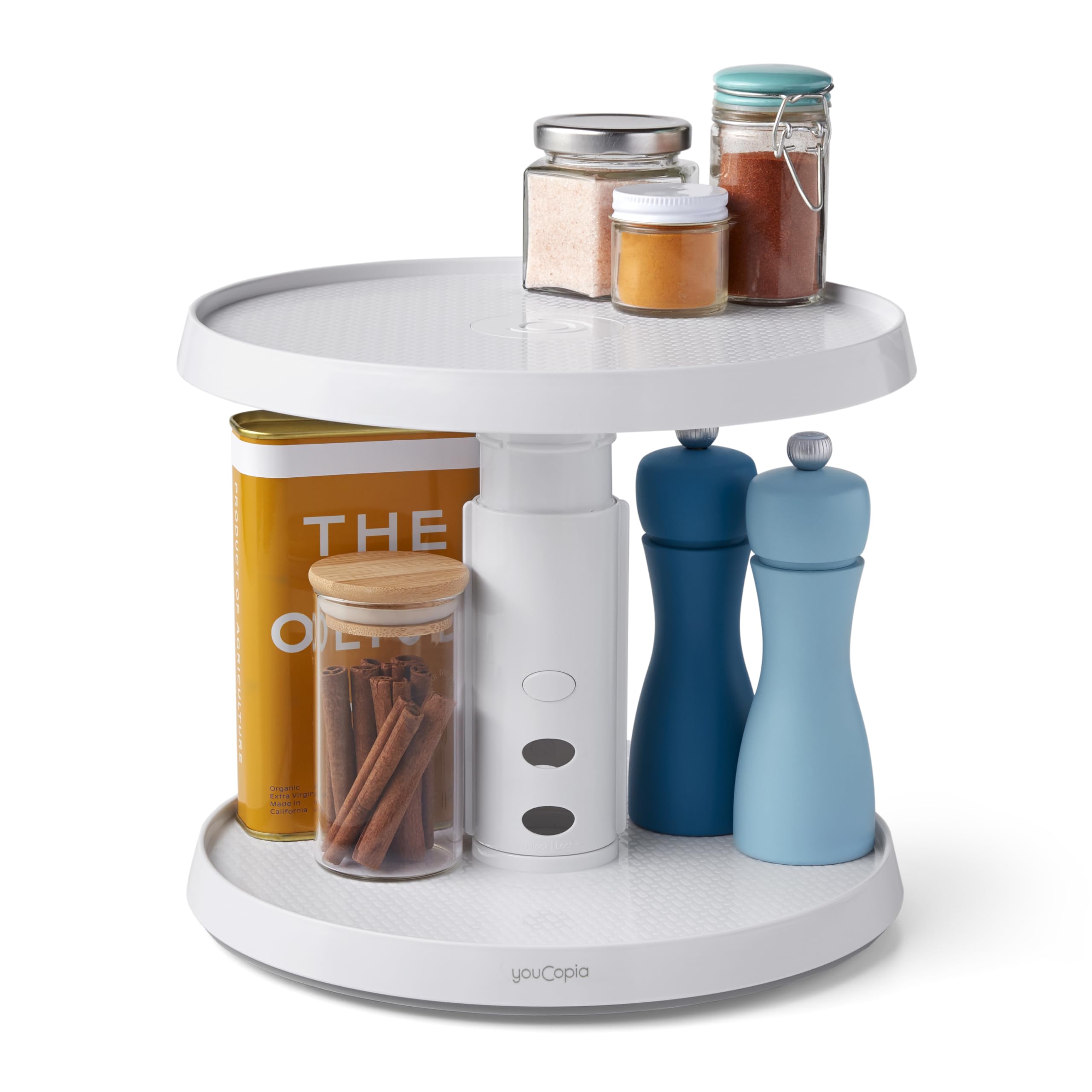 Youcopia Crazy Susan Two-Tier Turntable, Height-Adjustable Lazy Susan Organizer For Kitchen Cabinet And Pantry Organization And