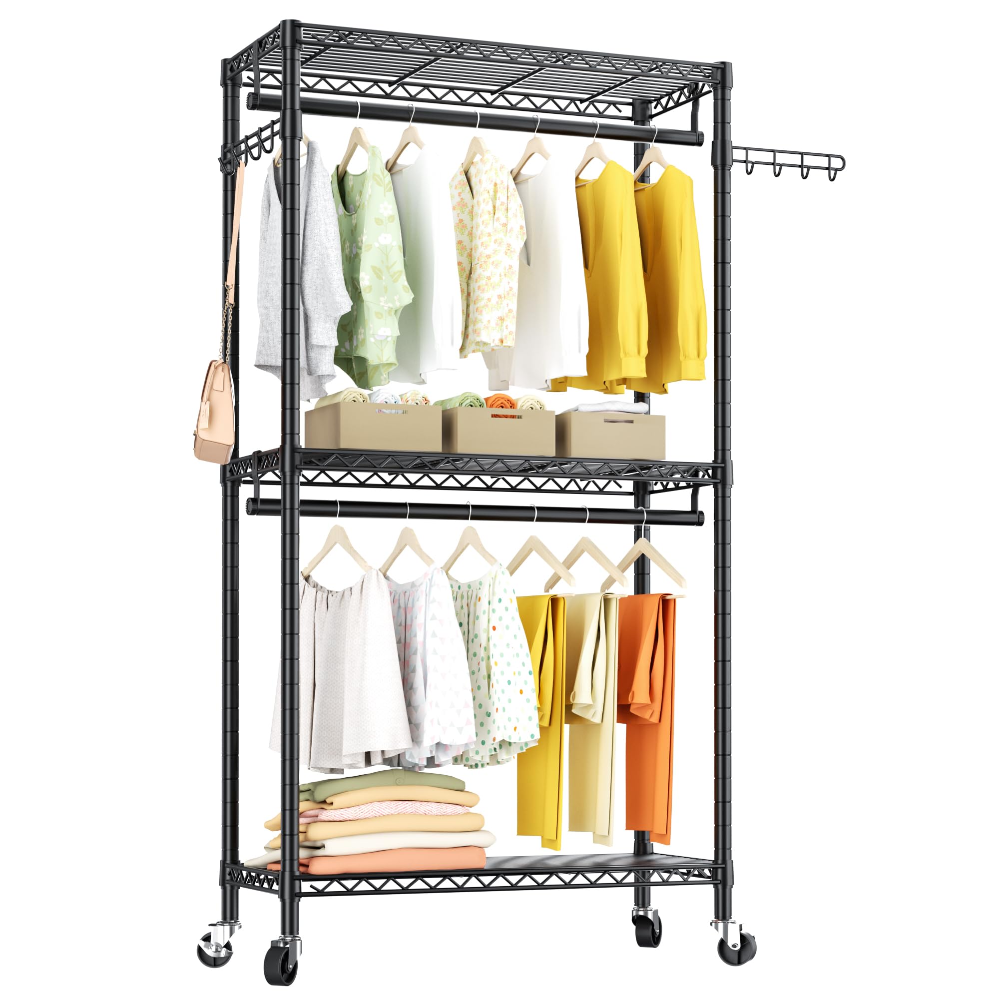 Heavy Duty Clothes Rack Rolling Garment Rack,3 Tier Adjustable Wire Shelving Clothing Racks For Hanging Clothes With Double Rods
