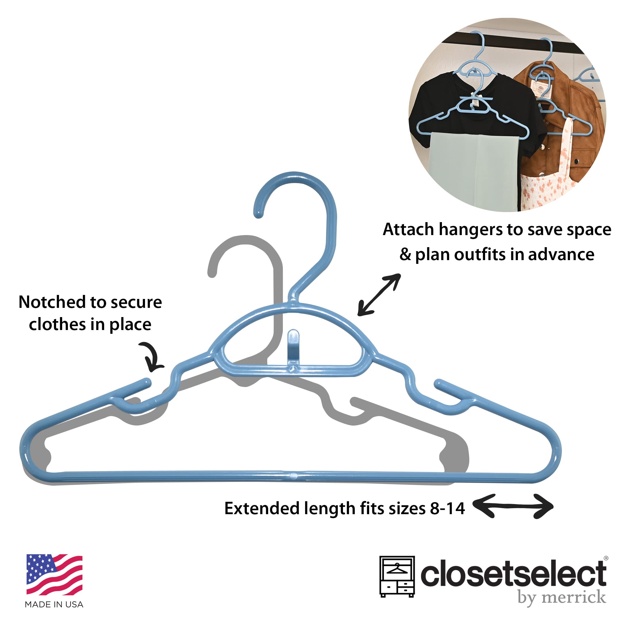 30 Pk Blue Youth Petite Plastic Hangers For Children Clothes Sizes 8 To 14, Petite,Teen, Preteen, Junior, 30 Pack (Waltz Blue)