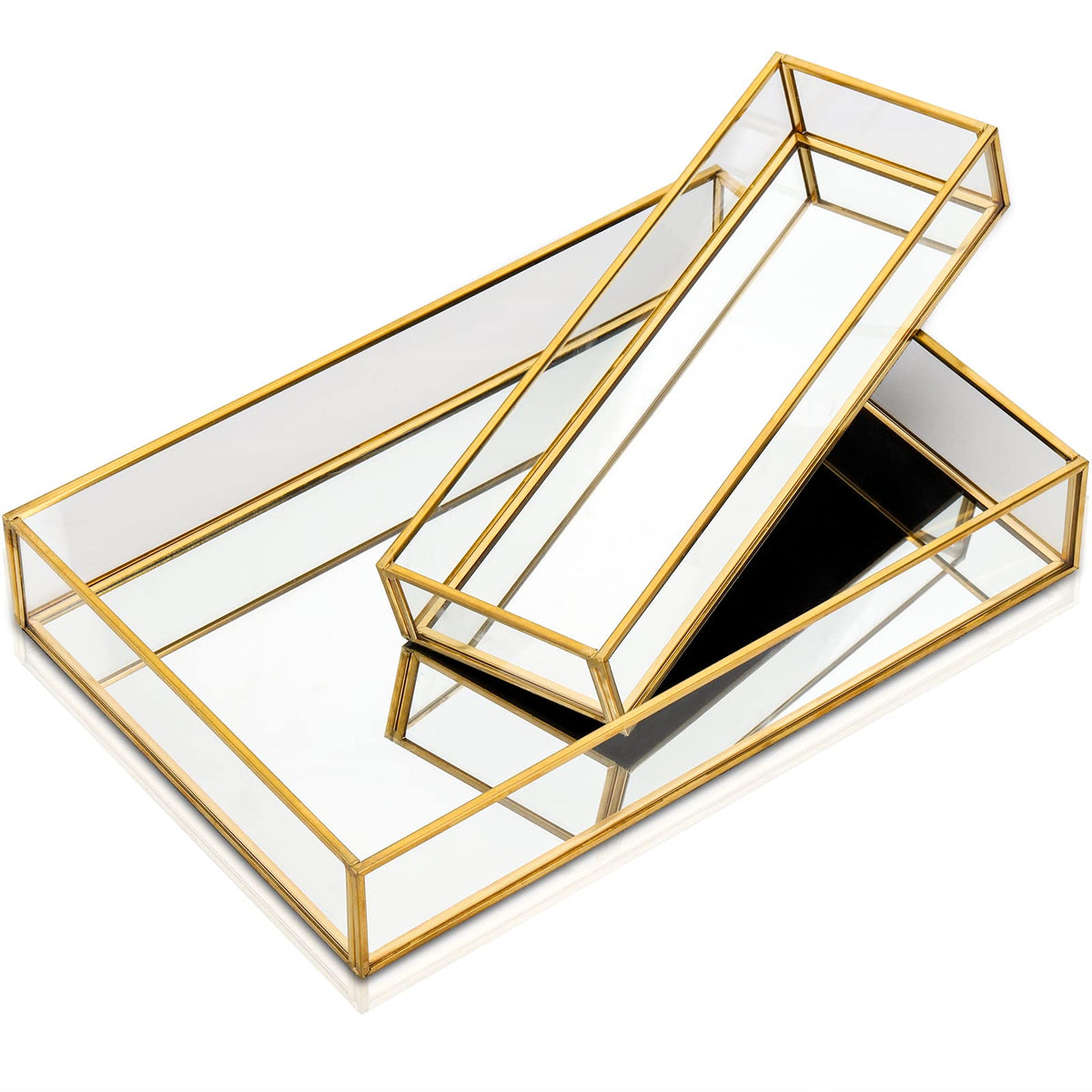 Lyellfe 2 Pack Perfume Trays, Gold Vanity Tray, Decorative Gold Mirror Tray, Non Slip Rectangular Perfume Tray, Jewelry, Bathroo
