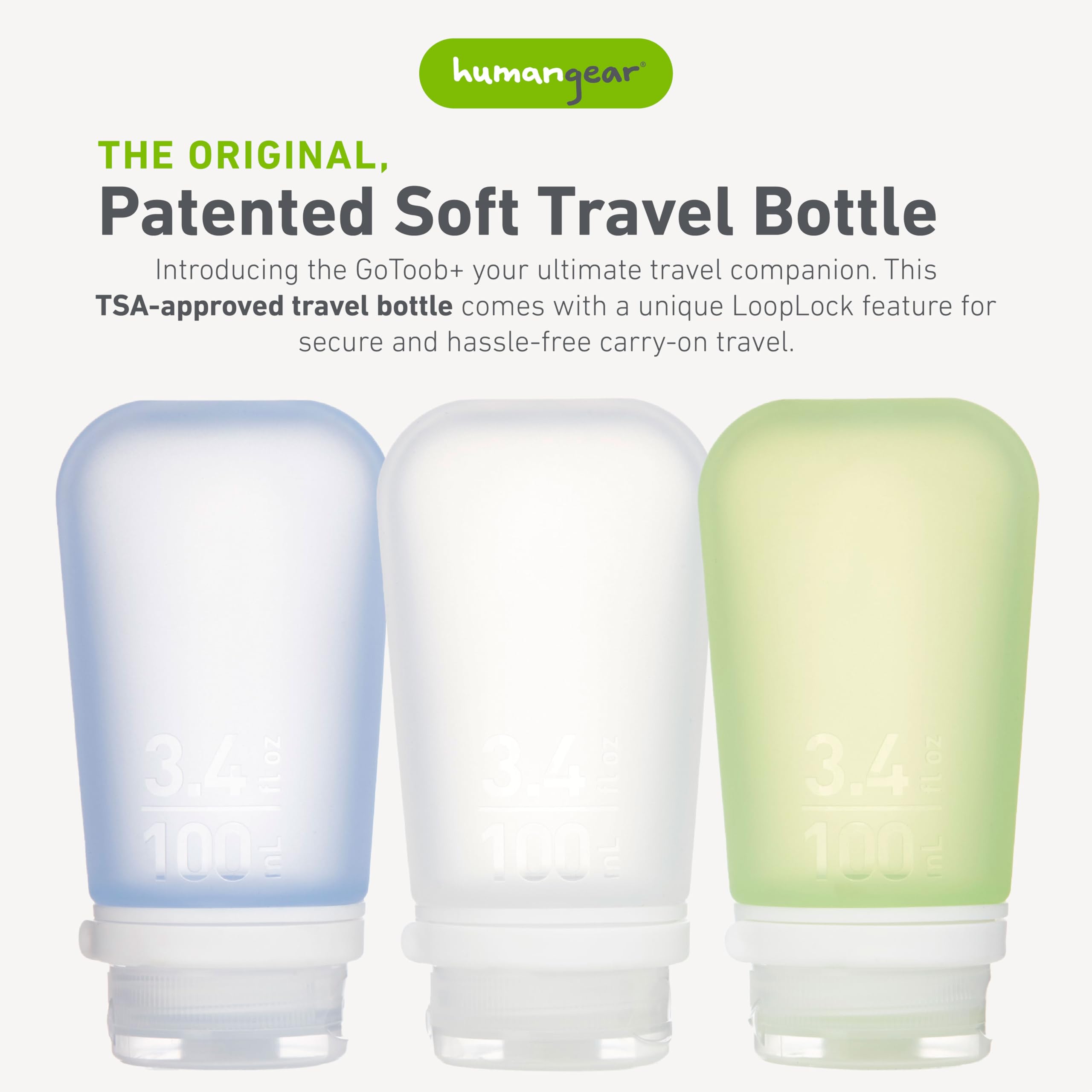 humangear GoToob+ 3-Pack (Large)  Refillable Silicone Travel Bottle  Locking Lid  Food-Safe Material  Clear/Green/Blue  Large (3.4 fl.oz.; 100ml)