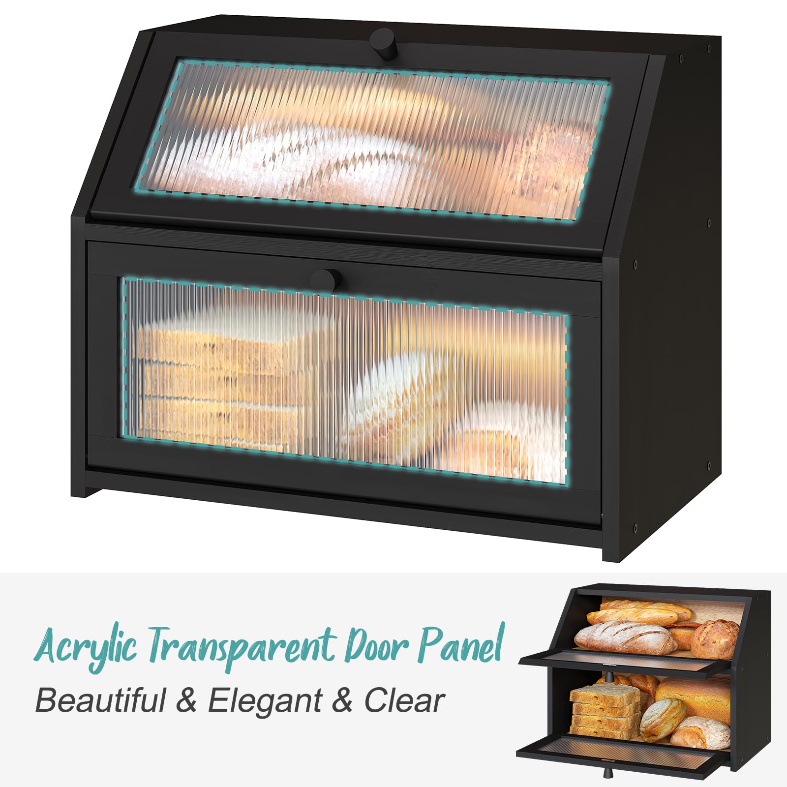 Vriccc Black Bread Box For Kitchen Counter, Large Bamboo Wood Double Layer Bread Box, Wooden Bread Storage Capacity