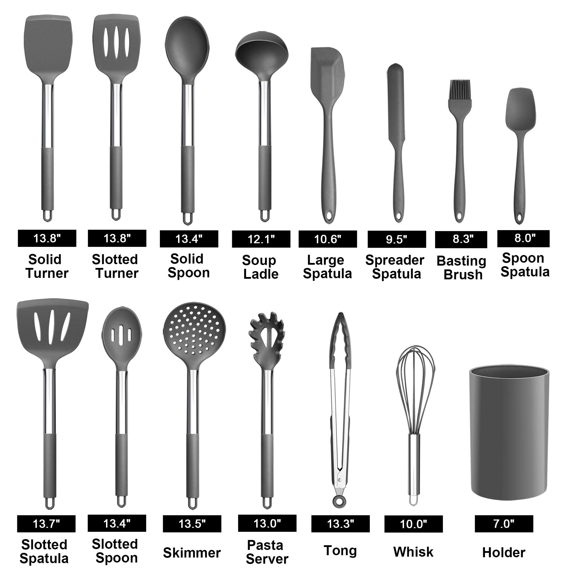 LIANYU 15-Piece Cooking Kitchen Utensils Set with Holder  Silicone Kitchen Tools Stainless Steel Handle  Slotted Spatula Spoon Turner Tong Whisk Brush for Cooking  Gray