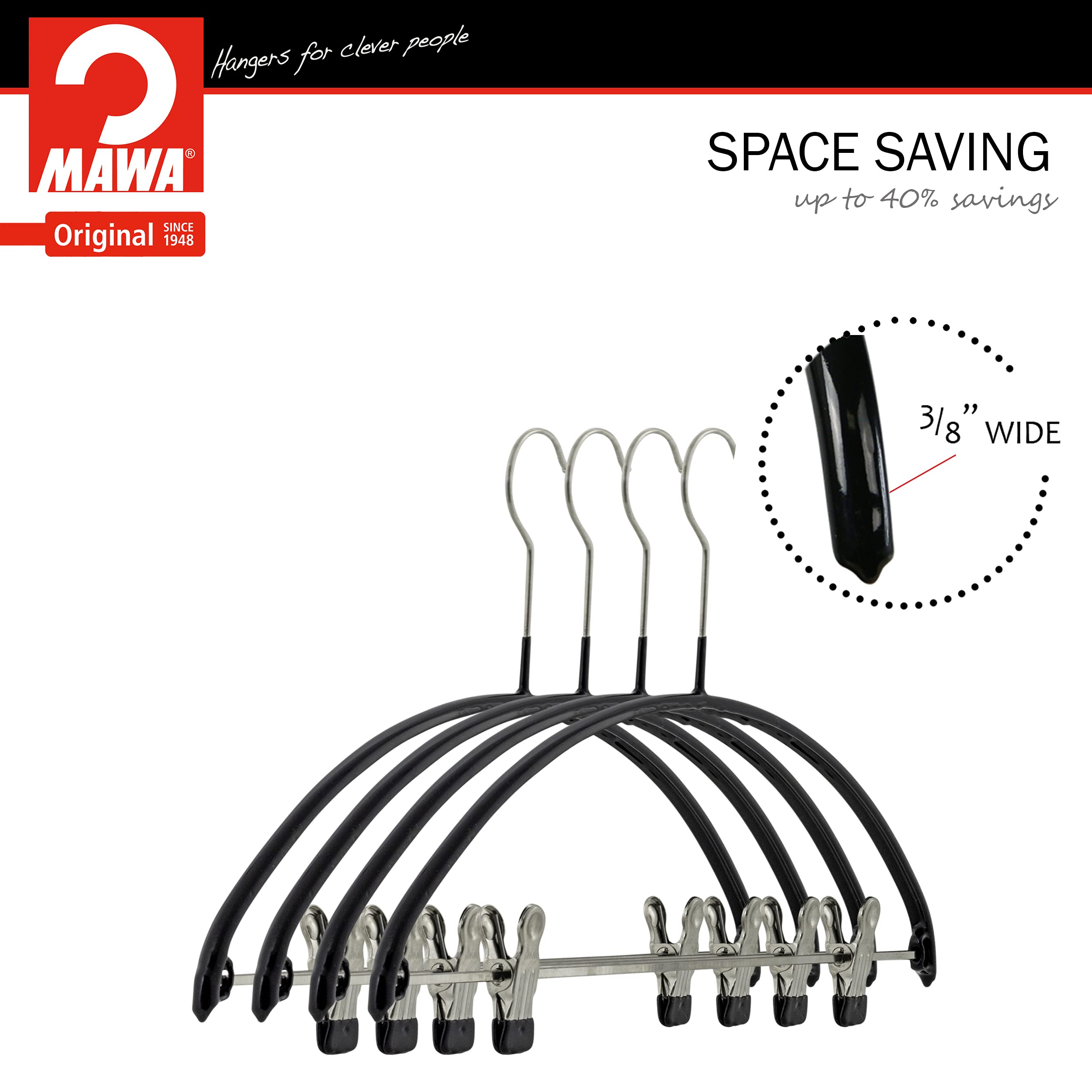 Mawa By Reston Lloyd European Non-Slip Metal Clothing Hanger, Smooth Shoulder Support & Adjustable Pant Clips, Set Of 70, Black