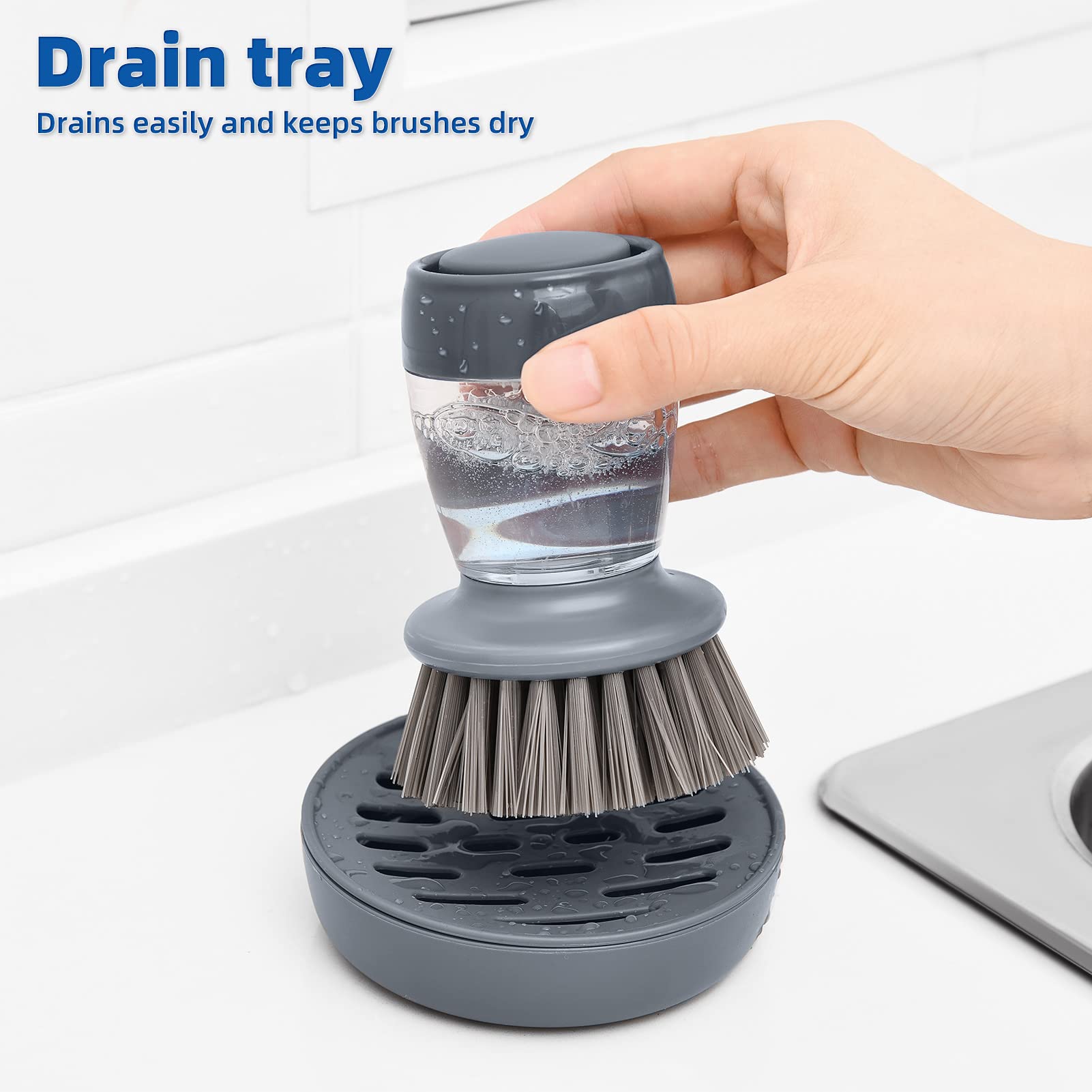 Dish Brush With Soap Dispenser, Kitchen Dish Scrubbers Set With Draining Tray For Washing Dishes/Pots, Grey, Set Of 2