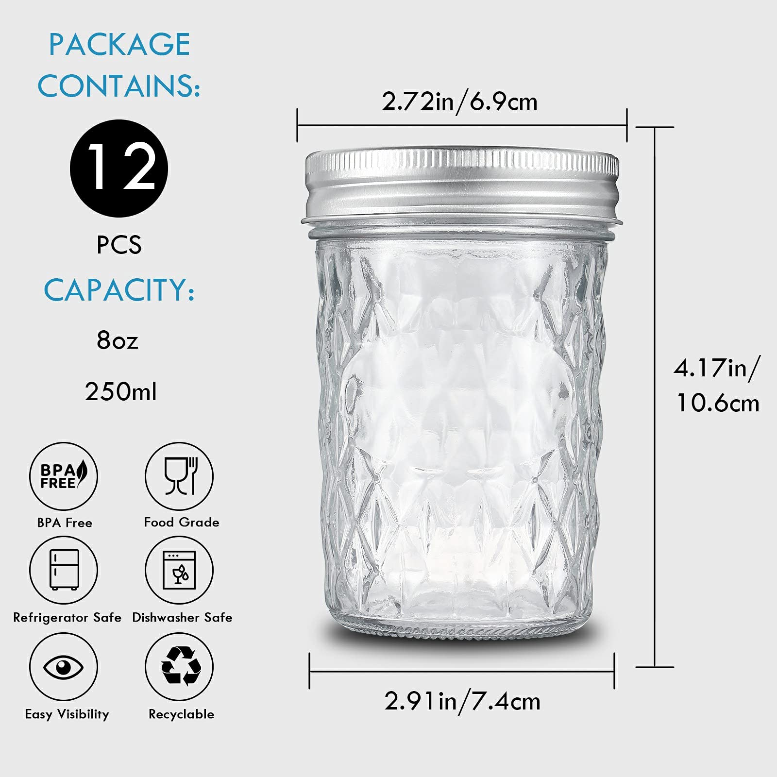 Yeboda 12 Pack Mason Jars 8 Oz Glass Jars With Lids And Bands Canning Jars Ideal For Preserving, Jam, Honey, Jelly, Wedding Favo