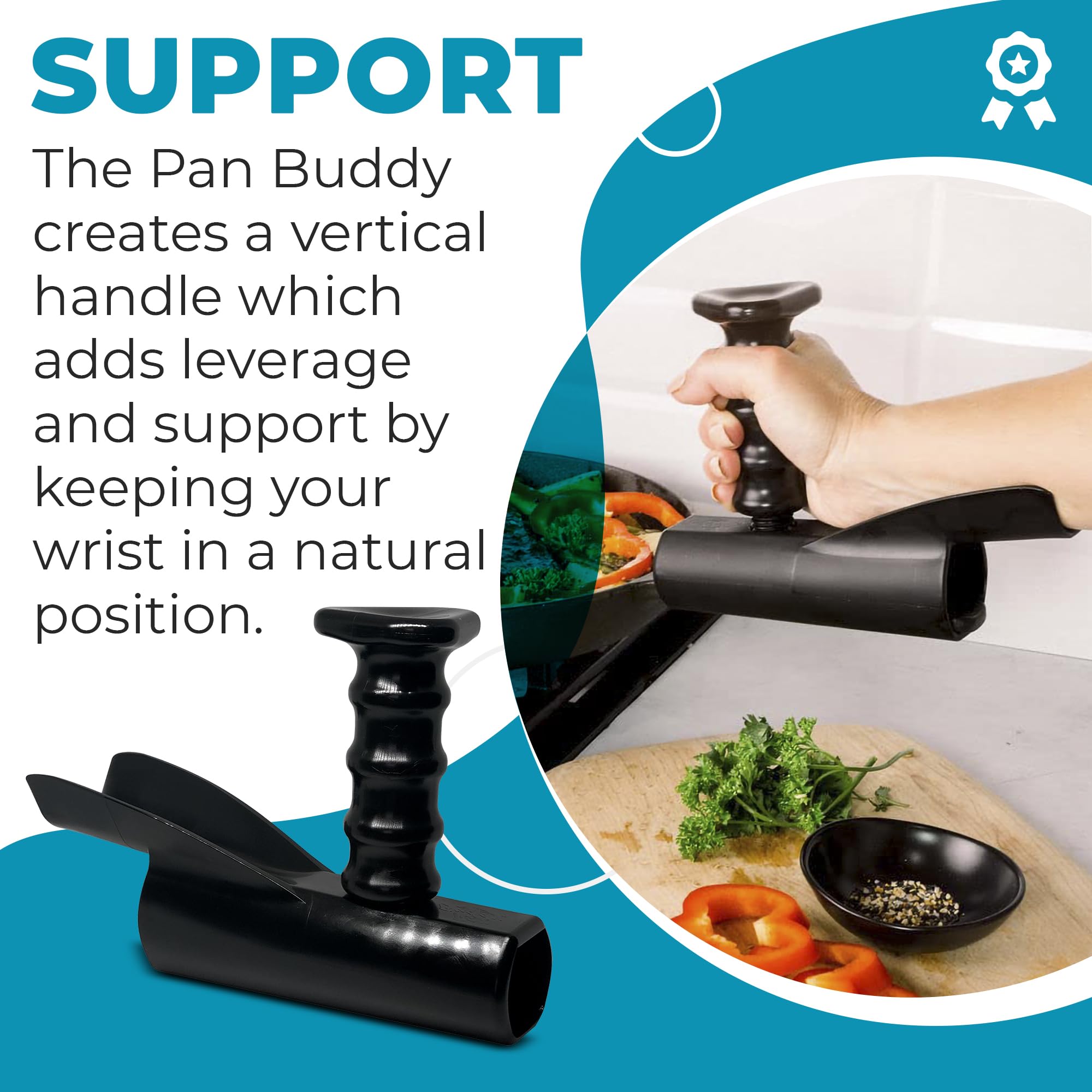 Pan Buddy- Vertical Attachment For Pan Handle- Adds Leverage And Support- Makes Lifting Heavy Cookware Easier! (Black)