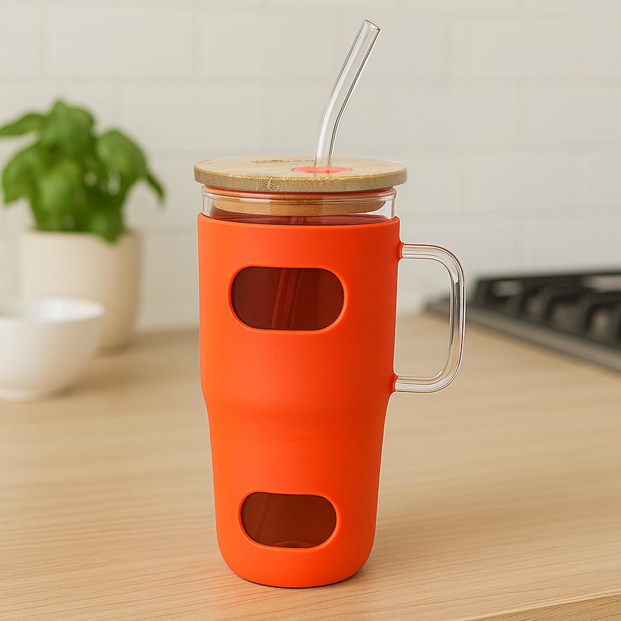 The Better Home Borosilicate Glass Tumbler With Bamboo Lid, Glass Straw | Orange Anti Slip Silicone Sleeve | Lightweight & Leak-