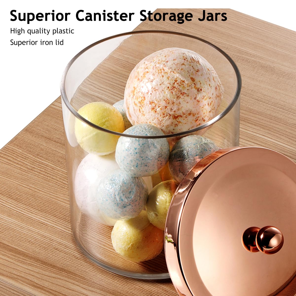 Premium Quality Apothecary Jars - Clear Plastic Storage Jars with Rust Proof Stainless Steel Lids - Bathroom Vanity Countertop Storage Organizer Canister Holder House Decor | Set of 3 (Rose gold)