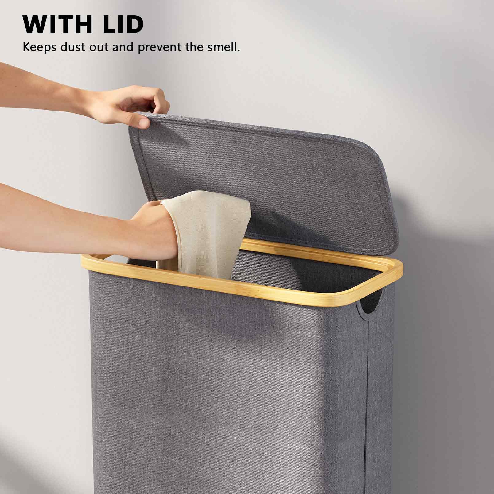 Spaceaid Slim Laundry Hamper With Lid, 65L Narrow Clothes Basket Bin With Bamboo Handles, Skinny Tall Collapsible Hamper For Bed