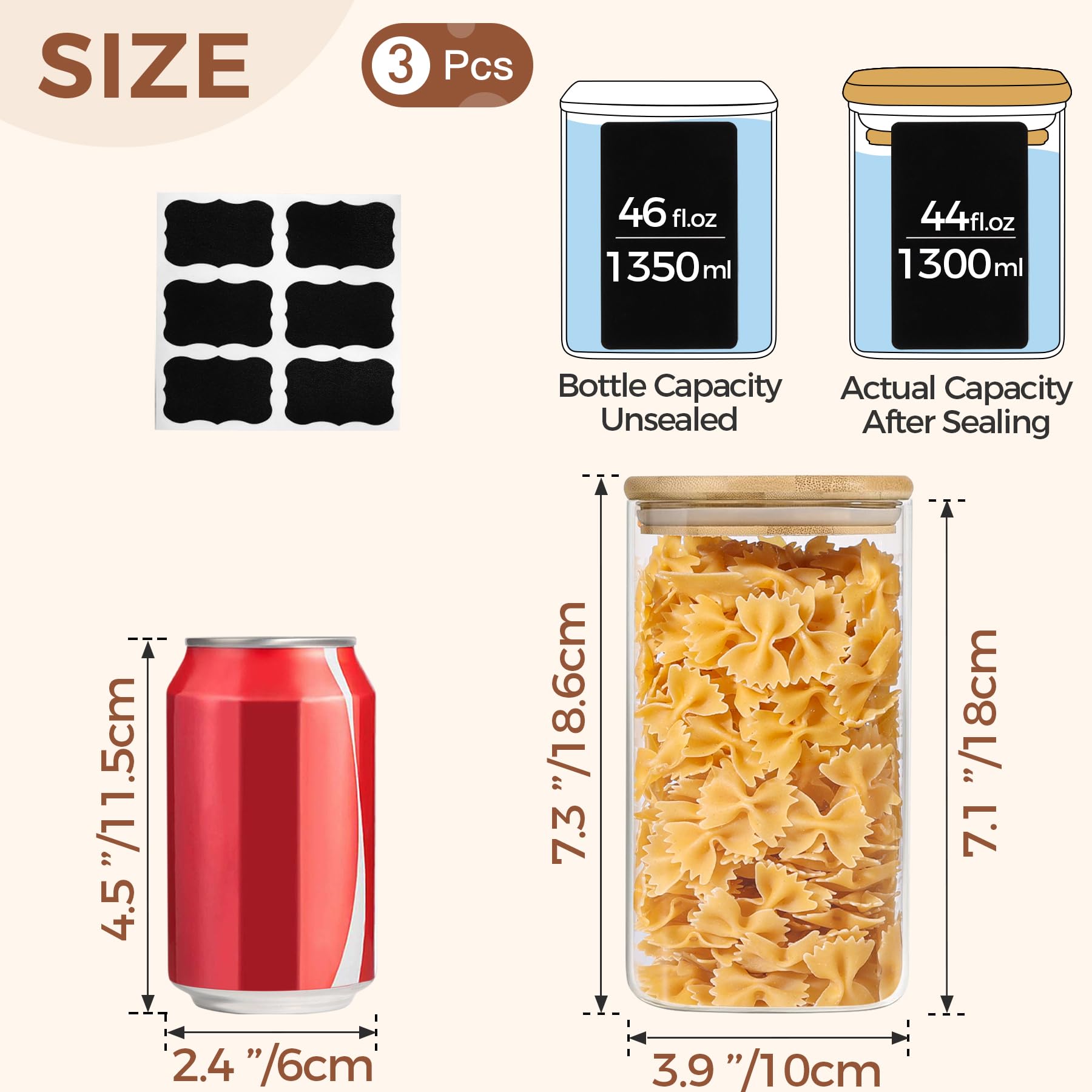 Comsaf 44Oz Glass Storage Containers With Lids, Glass Jars With Lids, Clear Food Storage Jar, Square Glass Canister Set Of 3, Pa