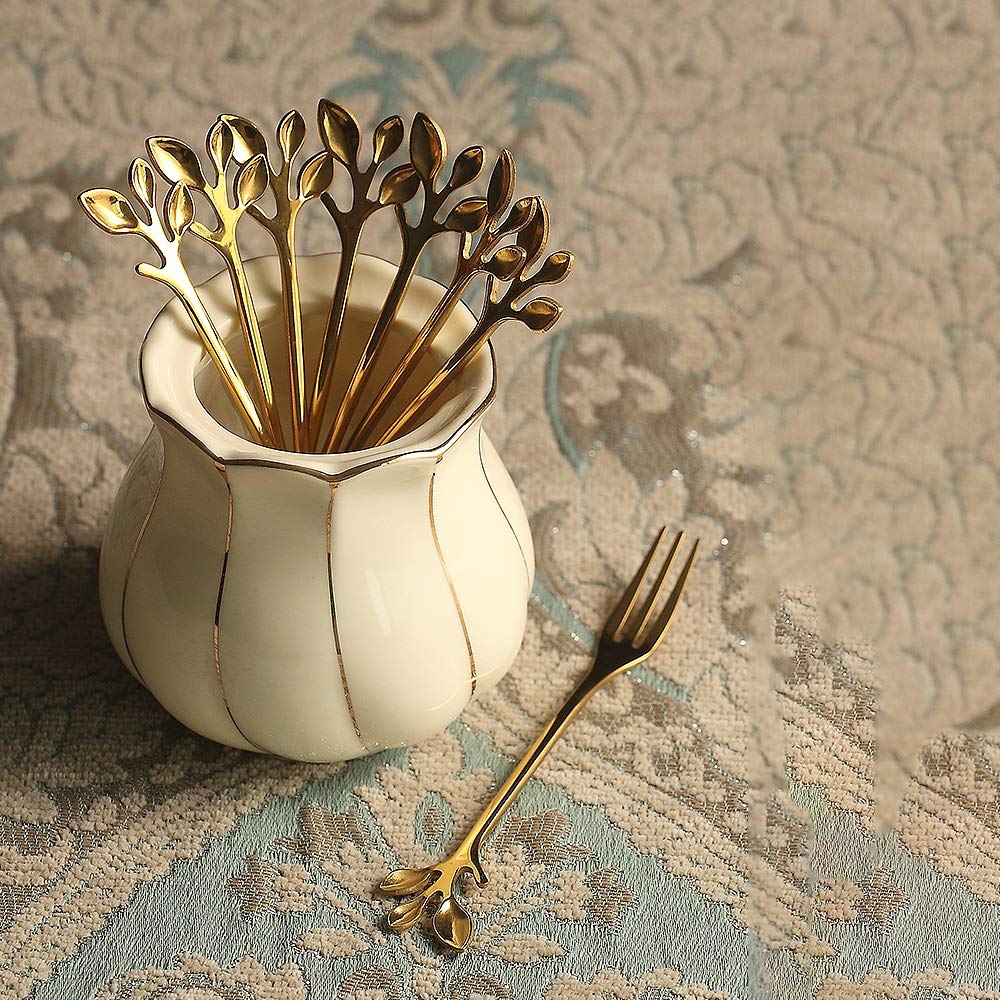 Gold Leaf Espresso Coffee Spoon Appetizer Dessert Fork Ice-Cream Tea Sugar Spoon Fruit Cake Fork Stainless Steel 4.7 Inches Mini