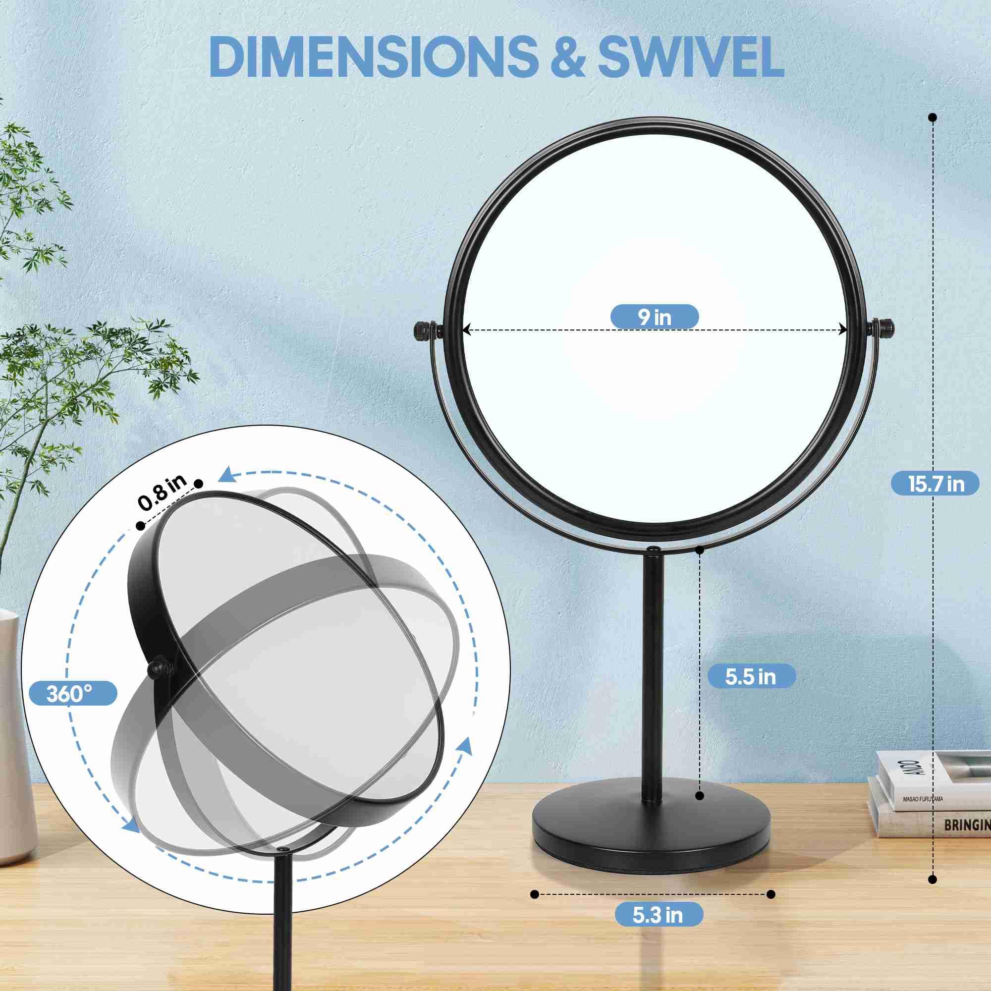 Large Size Tabletop Makeup Mirror With Magnification 9'' Double-Sided Vanity Mirror 1X/10X Magnifying Mirror With Stand,Classic