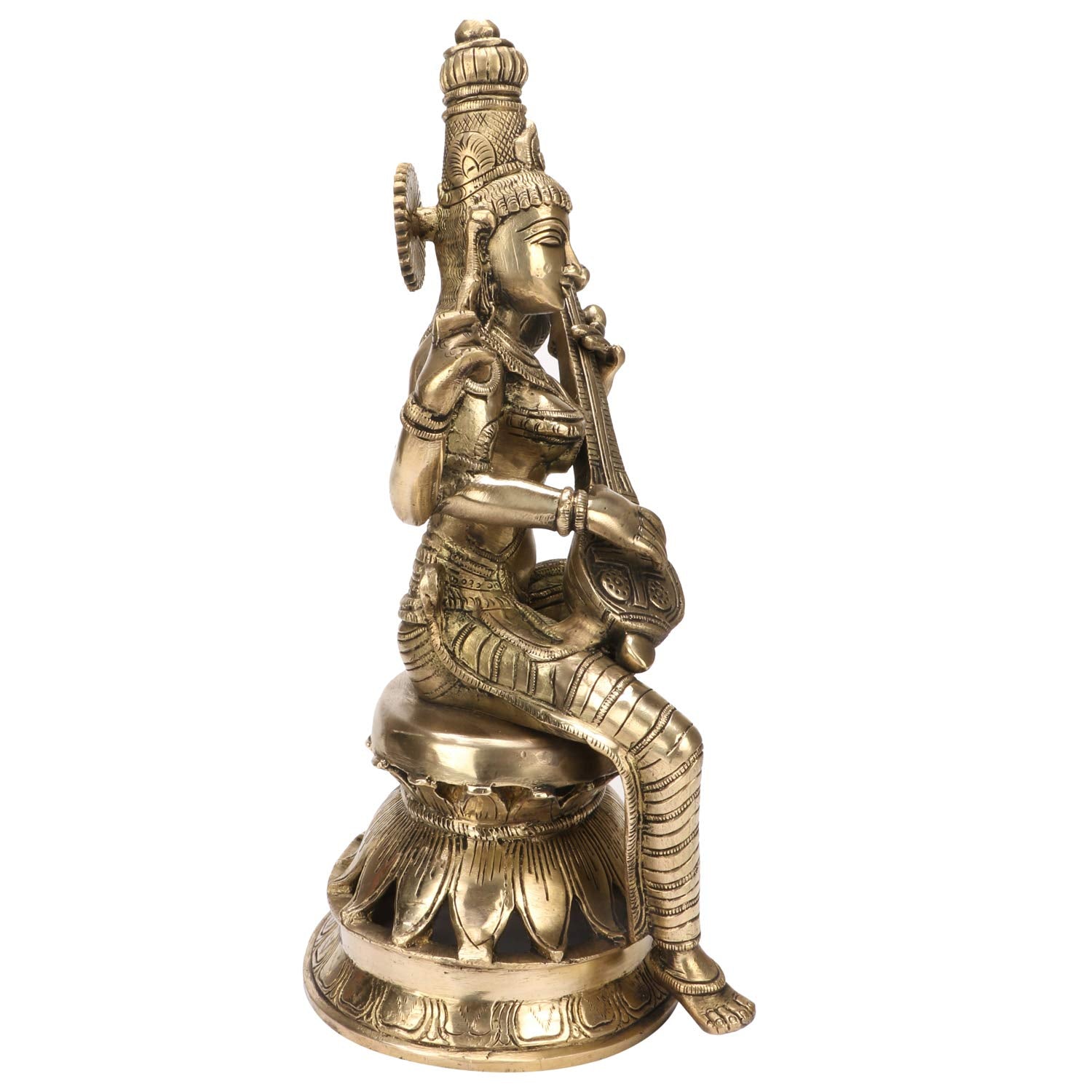 Kartique Brass Saraswati Idol With Veena, Antique Gold Finish, 12 Inches Height, For Home Decor, Pooja Room, And Gifts