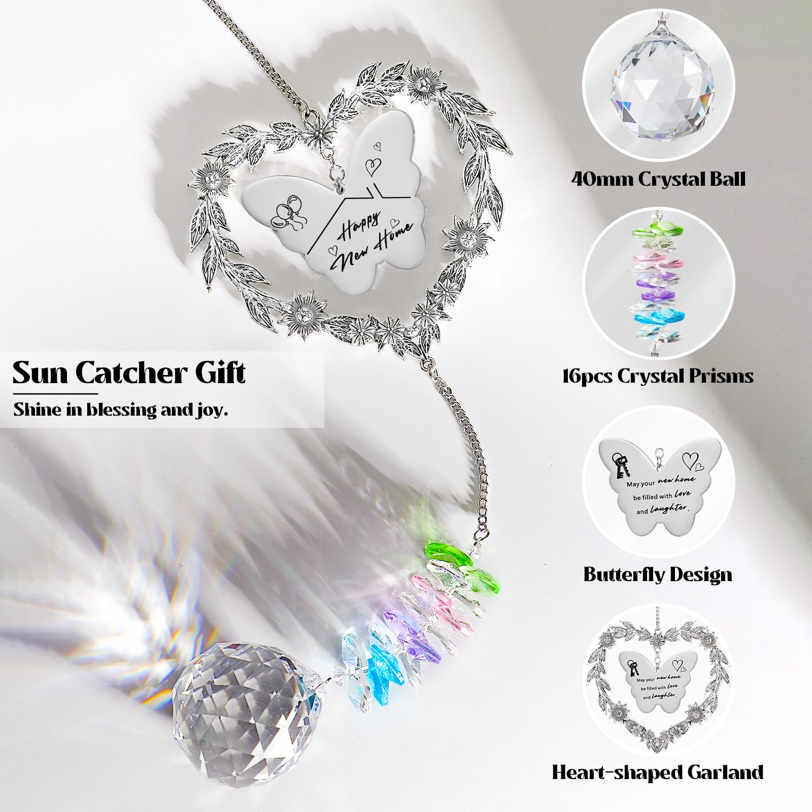 Elivida Housewarming Gift Sun Catcher, New Home Gift Heart-Shaped Wreath Hanging Ornament for Window, Happy New Home Rainbow Mak