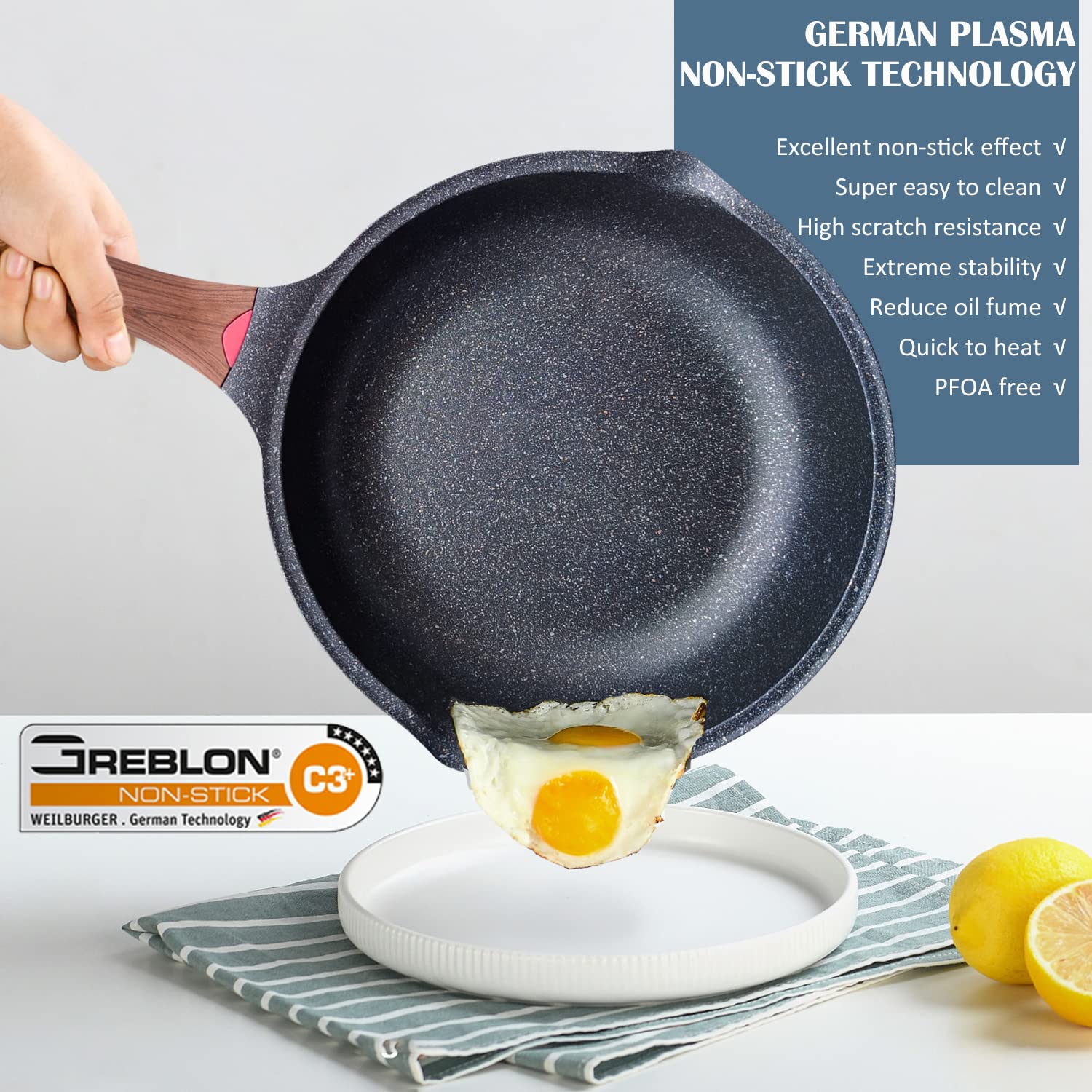 Vinchef Nonstick Deep Frying Pan with Lid, 11" Aluminum Saute Pan, Black, German Ceramic Coating, Induction Compatible