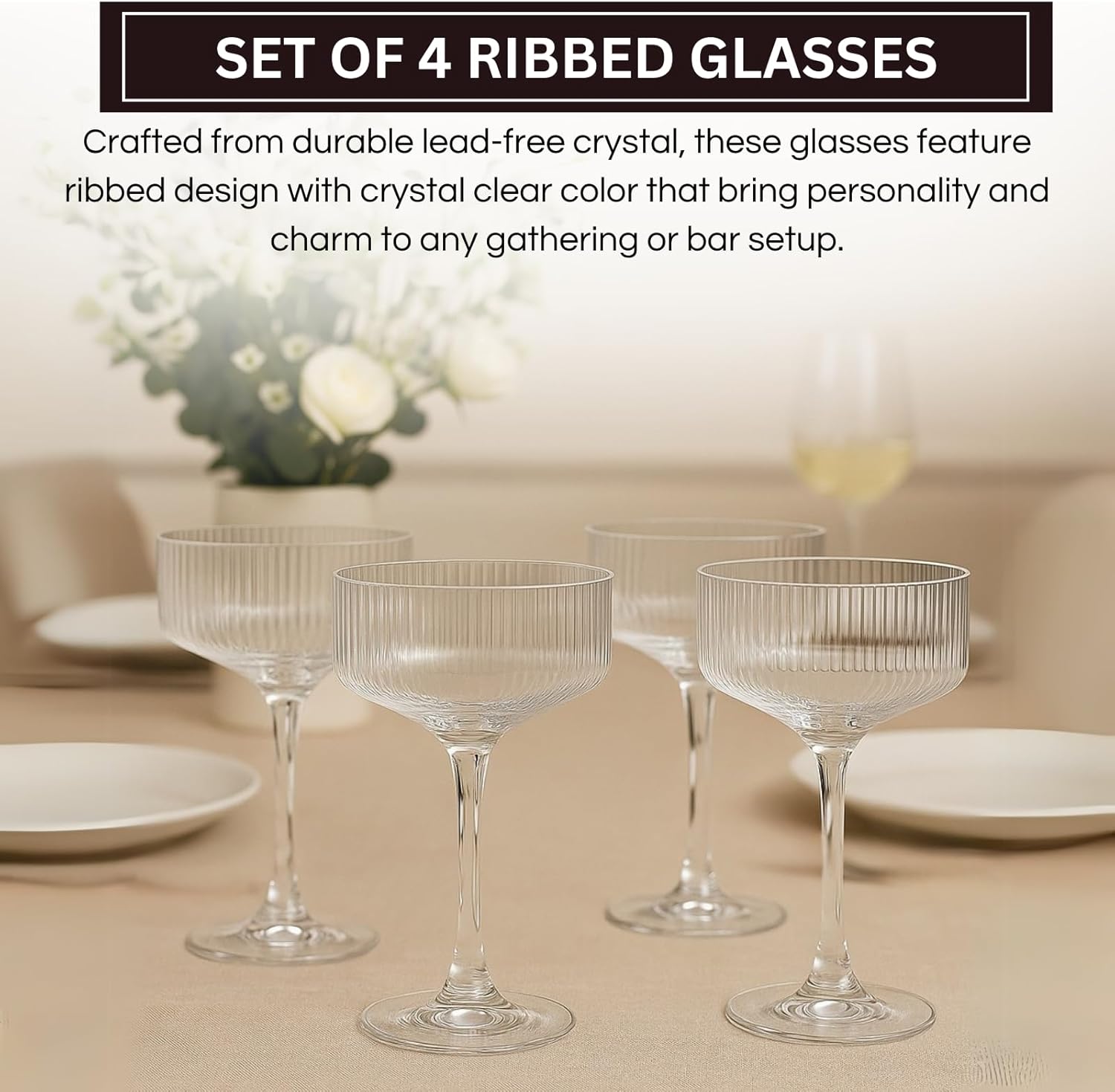 Ribbed Coupe Glasses Set Crystal Bar Drinkware – 10oz Clear