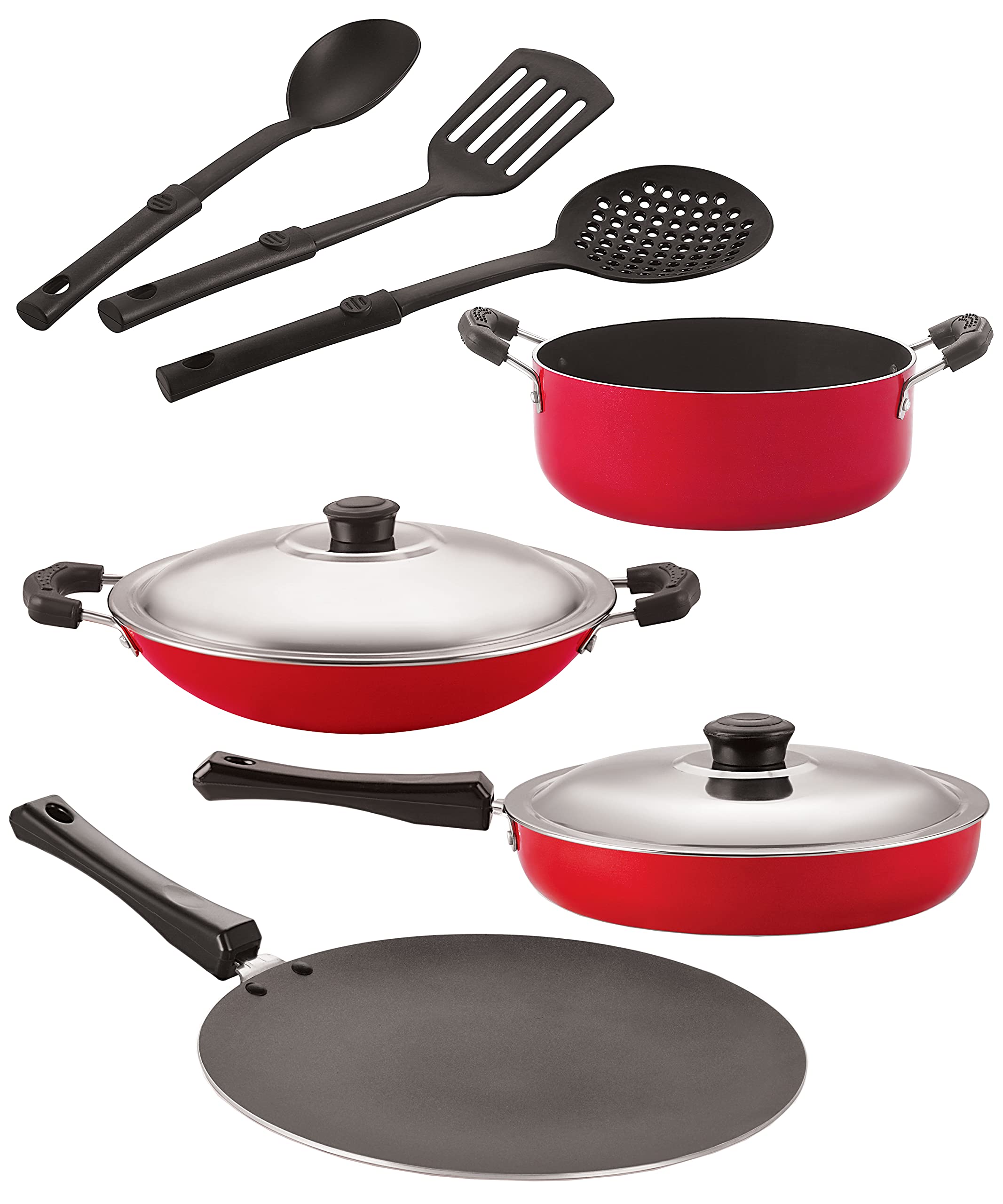 Nirlon Nonstick Coated Aluminium 7 Pcs Set Of Concave Tawa27.5Cm,Appachatti22.5Cm,Casserole20Cm,Fry Pan24Cm & 3 Spoon (2.6Mm