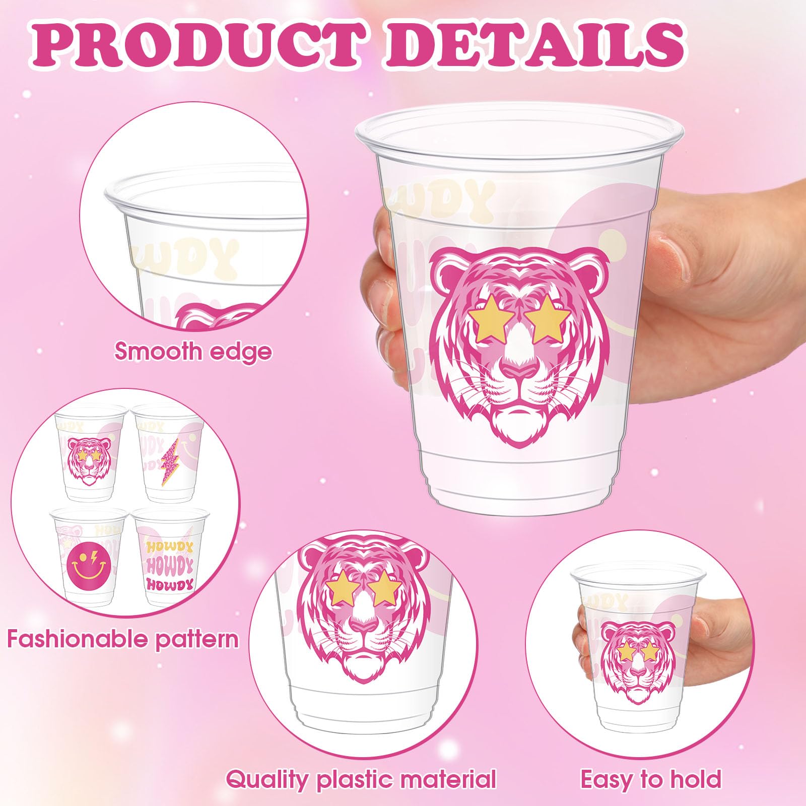 Yaomiao 50 Pieces Preppy Cups 12 Oz Bulk Howdy Disposable Plastic Cups Smile Preppy Birthday Clear Drinking Beverage Cups For Te