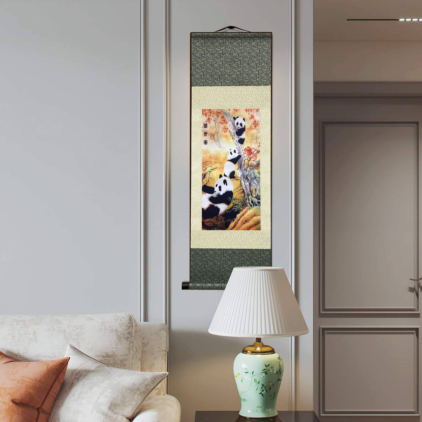 AtfArt Asian Wall Decor Beautiful Silk Scroll Painting National Treasure Chinese Panda Oriental Decor Chinese Art Wall Scroll Wall Hanging Painting Scroll (39 x 12 in)