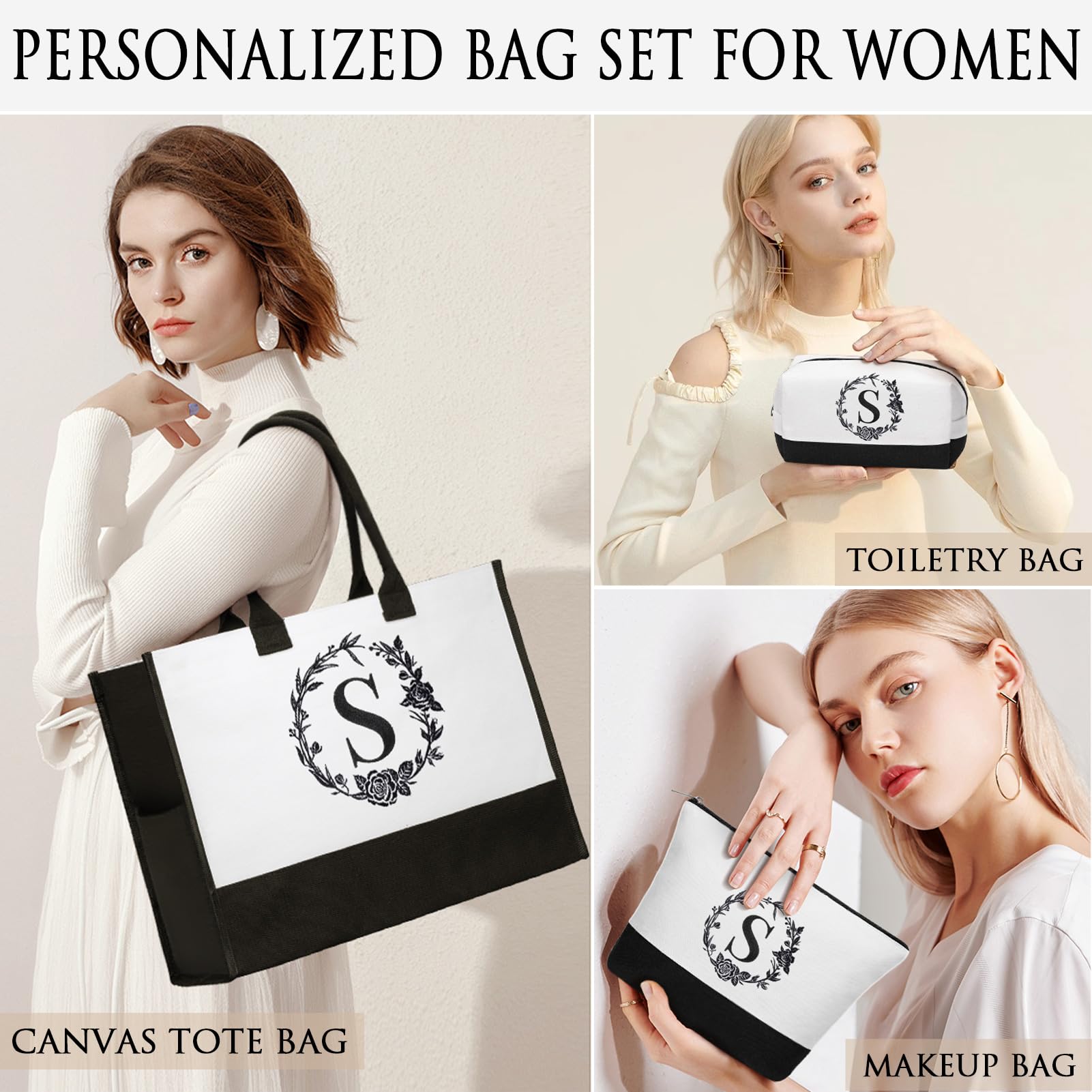Personalized Valentines Day Gifts For Women, Initial Canvas Tote Bag & Makeup Bag Monogrammed Beach Tote Bag For Women W/Zipper,