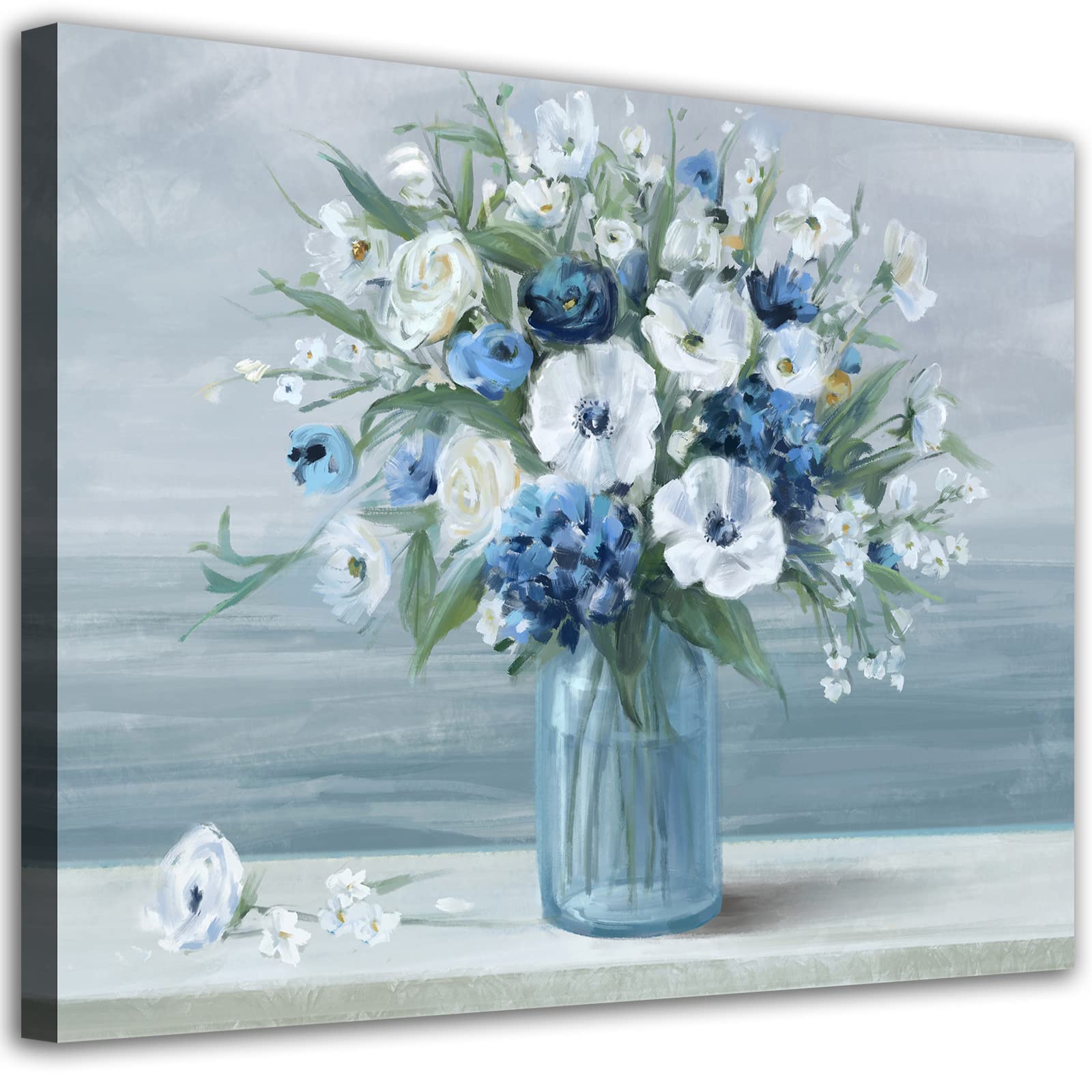 Artewoods Vintage Flowers Canvas Wall Art Blue White Blossom Canvas Painting Retro Flowers In Vase Canvas Pictures Blue Ocean Ba