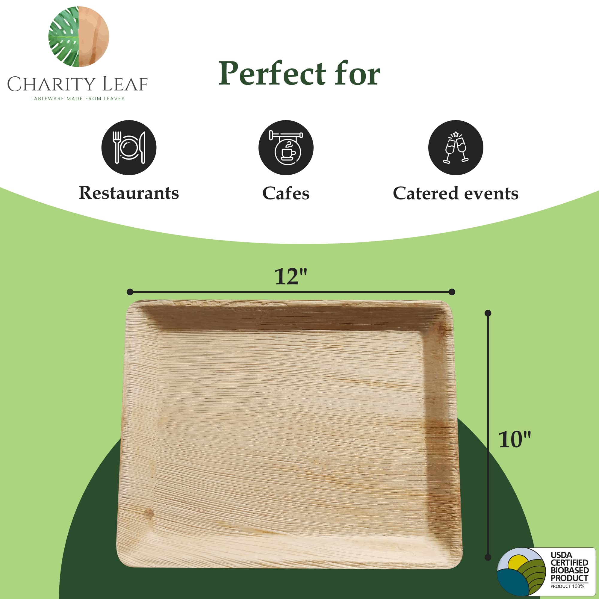 Charity Leaf Disposable Palm Leaf 12'' X 10'' Trays (10 Pieces) Bamboo Like Serving Platters, Disposable Boards, Eco-Friendly Di