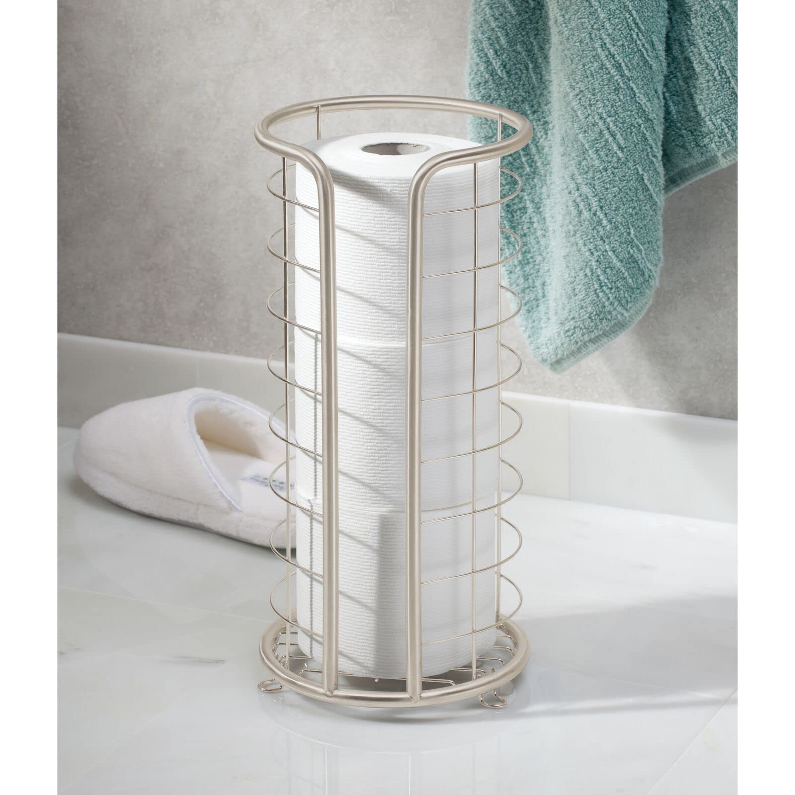 mDesign Metal Toilet Paper Holder Stand - Storage Reserve for 3 Rolls of Toilet Tissue - Freestanding Toilet Paper Holder - Stylish Bathroom Floor Toilet Paper Stand - Omni Collection - Satin