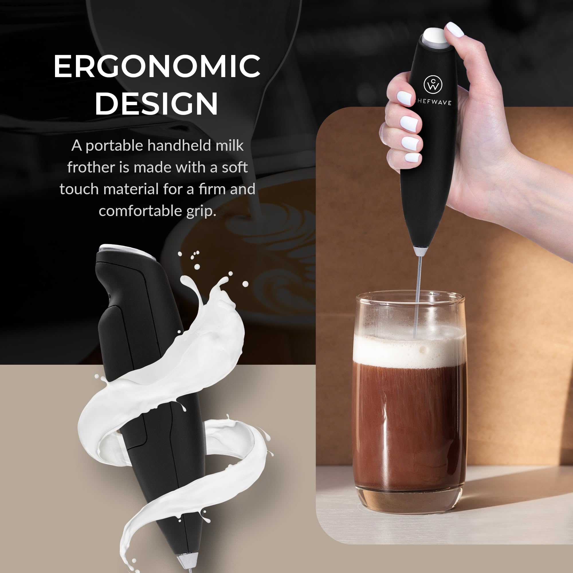 ChefWave Handheld Milk Frother, CW-MFB, Silicone Grip, Black Color
