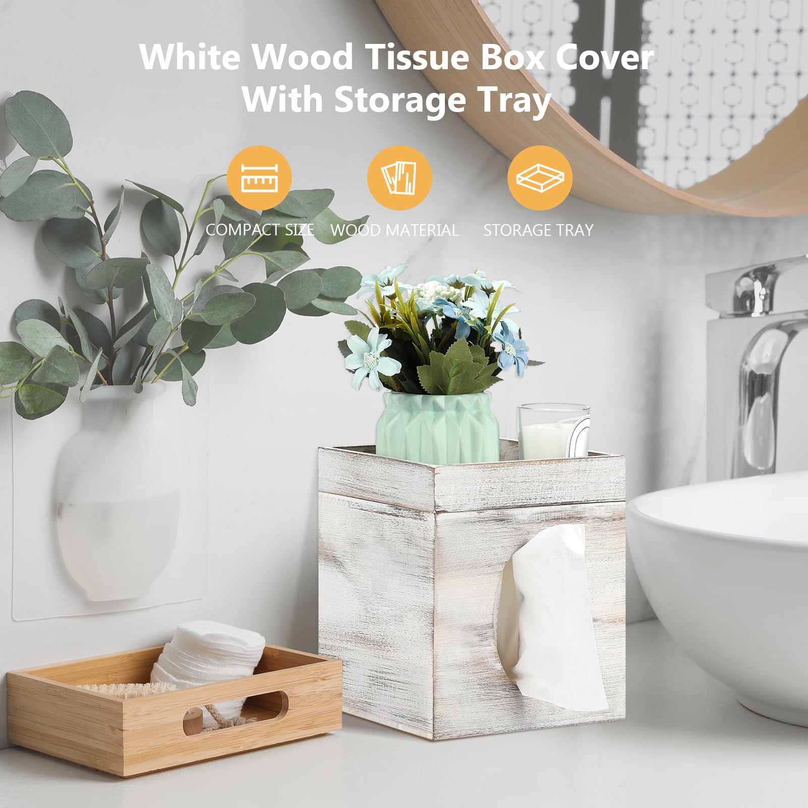 Tissue Box Cover, White Washed Solid Tissue Box Cover With Storage Tray Square Tissue Box Covers Holder For Bathroom, Bedroom, D