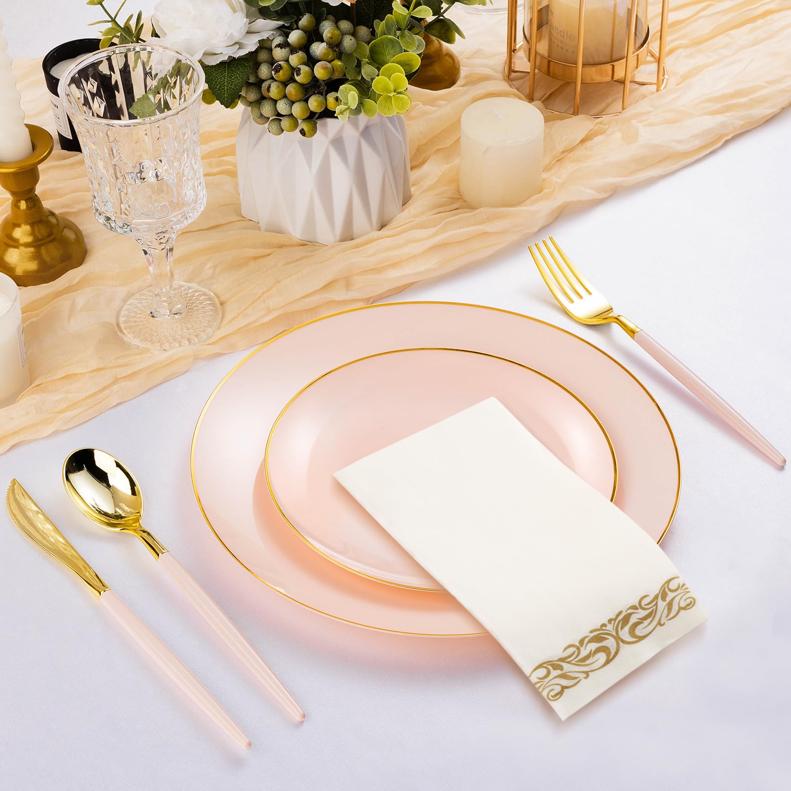 350 Pieces Pink Gold Plastic Dinnerware Set, Pink And Gold Disposable Plates For Party, Valentine'S Day, Include 100 Pink Plates
