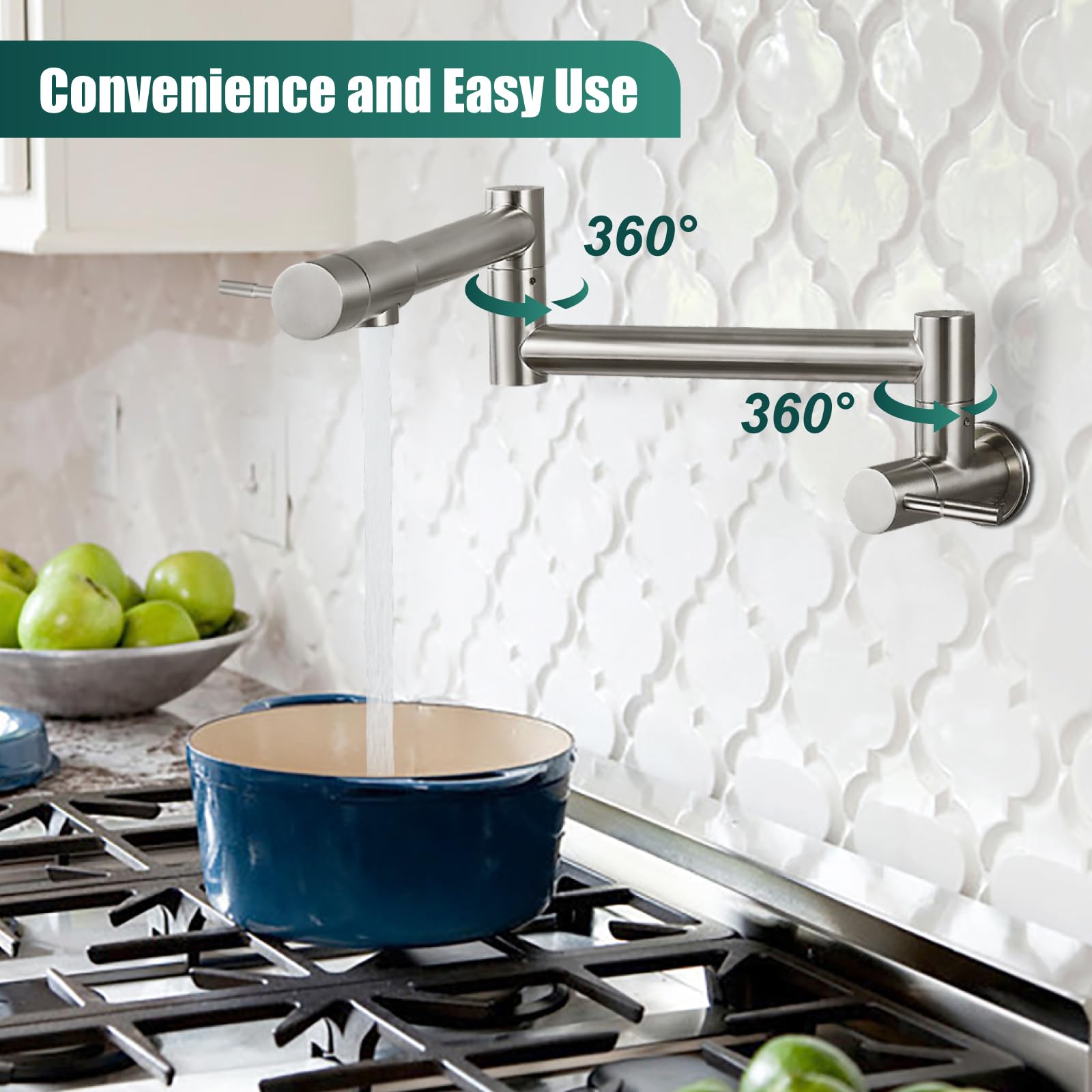 Heyalan 19'' Pot Filler Brushed Nickel Wall Mounted Folding Stretchable Kitchen Restaurant Faucet with Double Joint Swing Arm Single Hole Two Handles Commercial NPT Stainless Steel Stove Tap