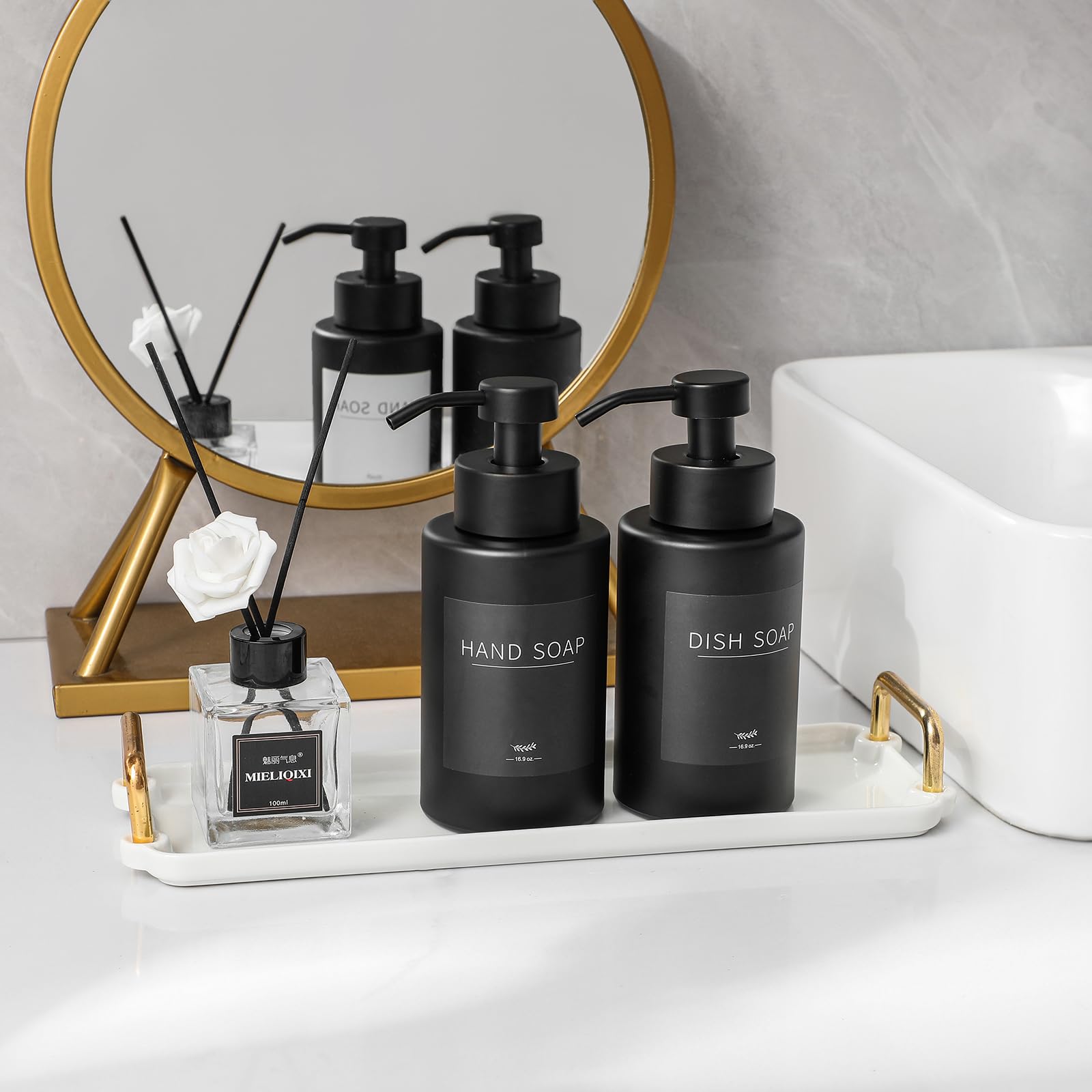 JiatuA Foaming Soap Dispenser Set  17 Oz Glass Hand Soap Dispenser with Matte Black 304 Rust Proof Stainless Steel Pump  Waterproof Labels  for Bathroom Decor Kitchen College Dorm  2 Pack