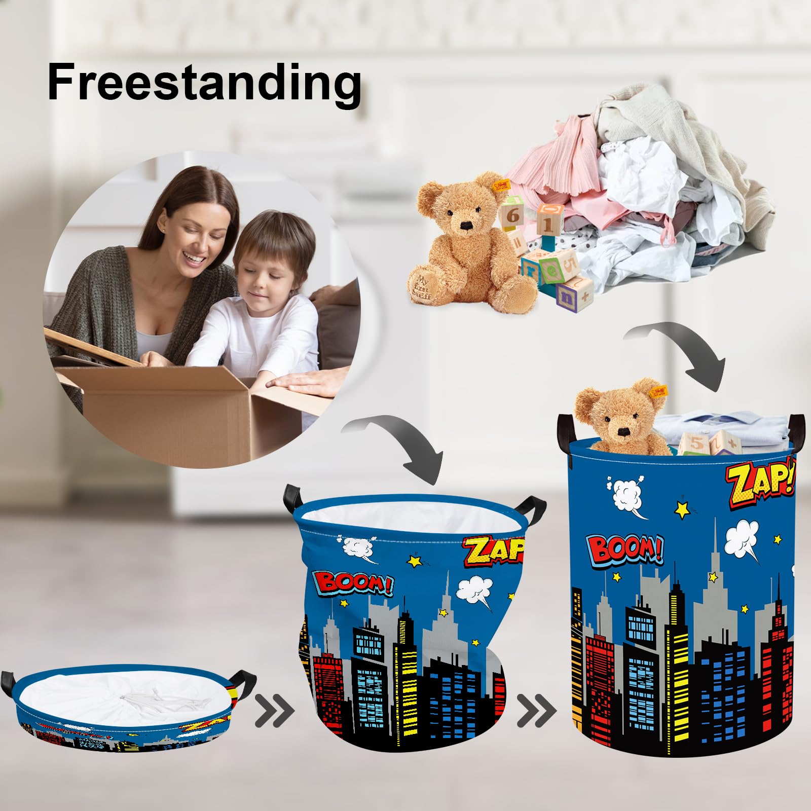 Clastyle 45L Large Blue City Hero Skyline Kid Laundry Hamper With Handle Comic Hero Building Silhouettes Clothes Toy Boys Basket