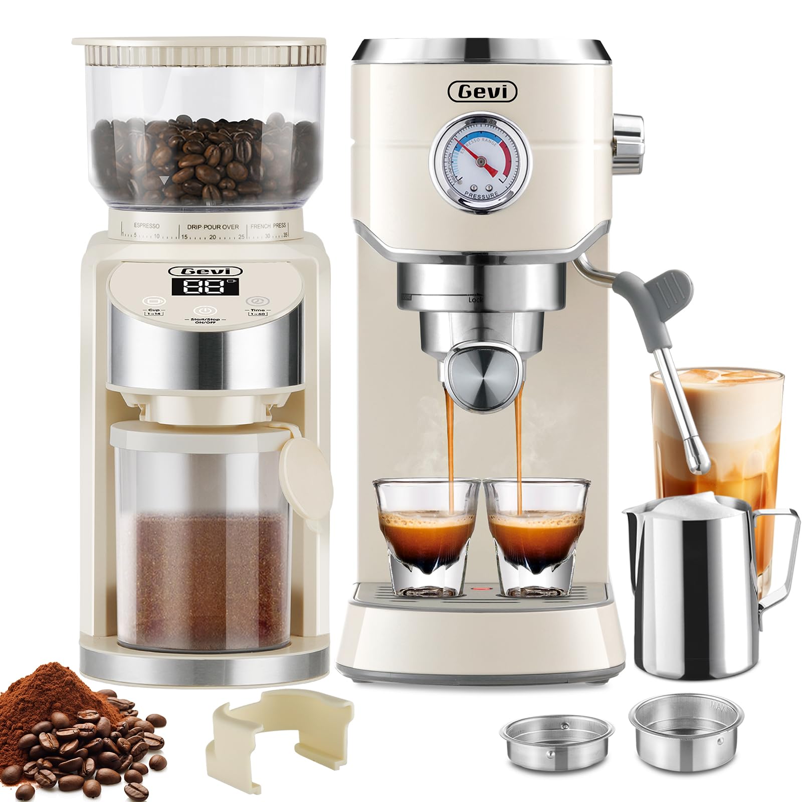 Gevi 20 Bar Espresso Coffee Machine with Burr Grinder Set | 35 Precise Grind Settings | Milk Frother for Latte Cappuccino | Prof