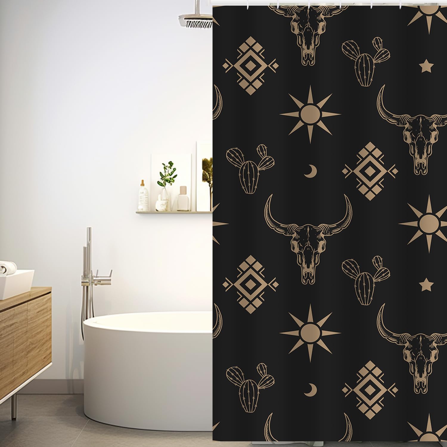 Western Bull Skull Shower Curtain Boho Cow Longhorn Skull Head Cactus Bohemian Black And Gold Shower Curtain With Hooks 36X72 In