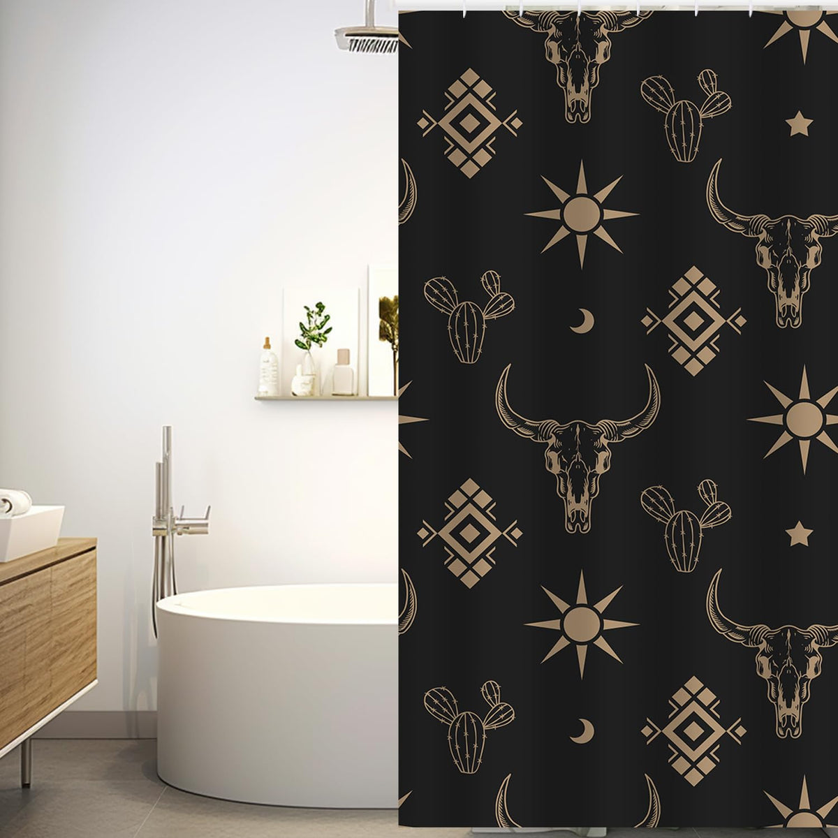 Western Shower Curtain Boots Cactus Bull Skull Sunflower Rustic Vintage Farmhouse Shower Curtain With Hooks 72X72 Inch Waterproo