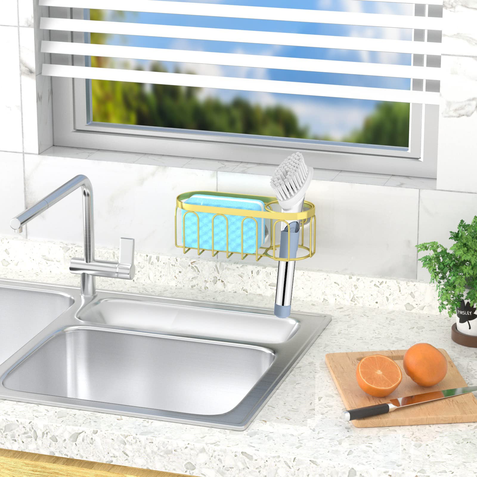 Yazoni 2-In-1 Sponge Holder For Kitchen Sink, Suction Cup Sponge Rack Kitchen Sink Caddy, No Drill Rustproof Kitchen Sink Organi