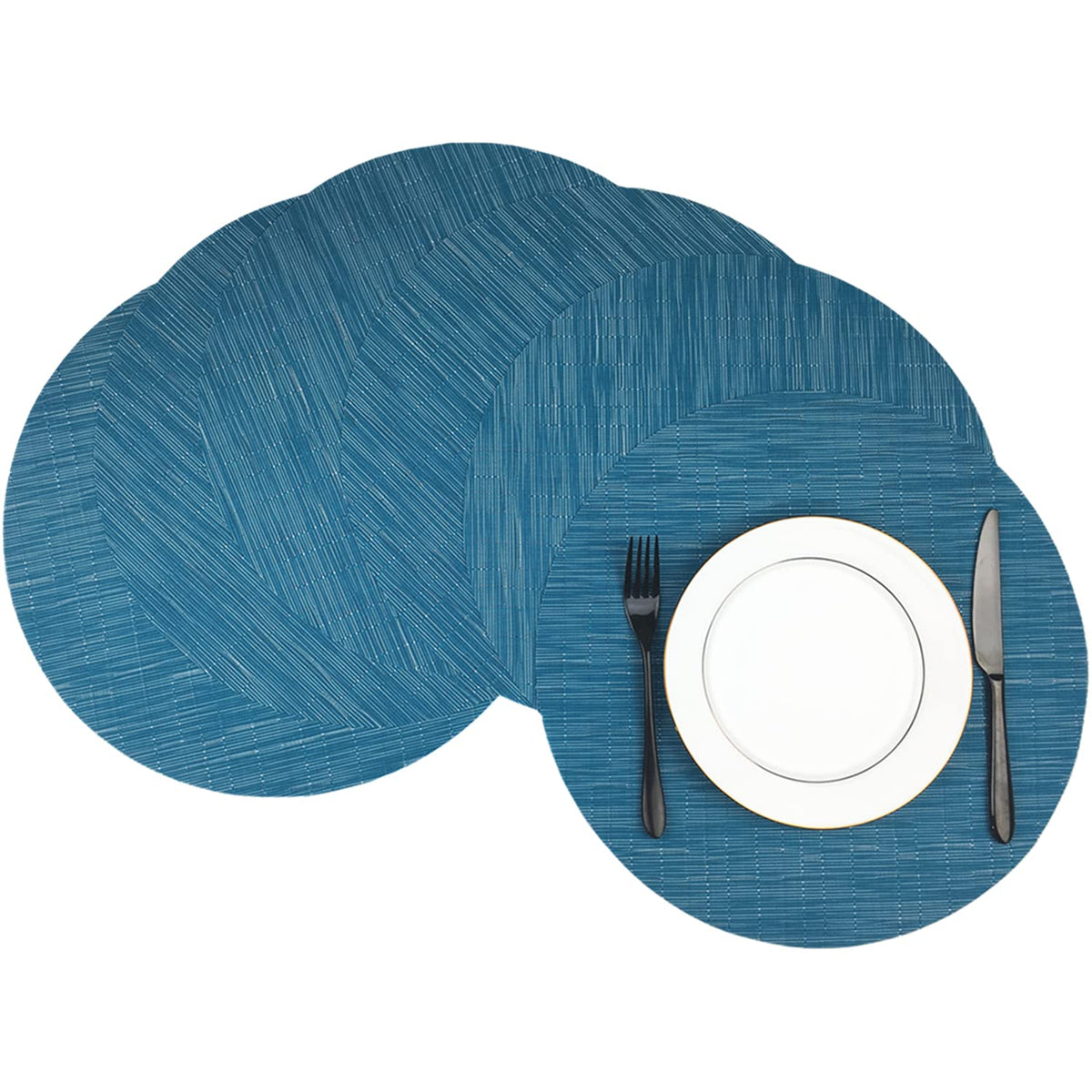 Wazaigur Round Placemats Set Of 6 Woven Vinyl Easy To Clean Heat Resistant Kitchen Table Mats 15 Inch(Blue 6)