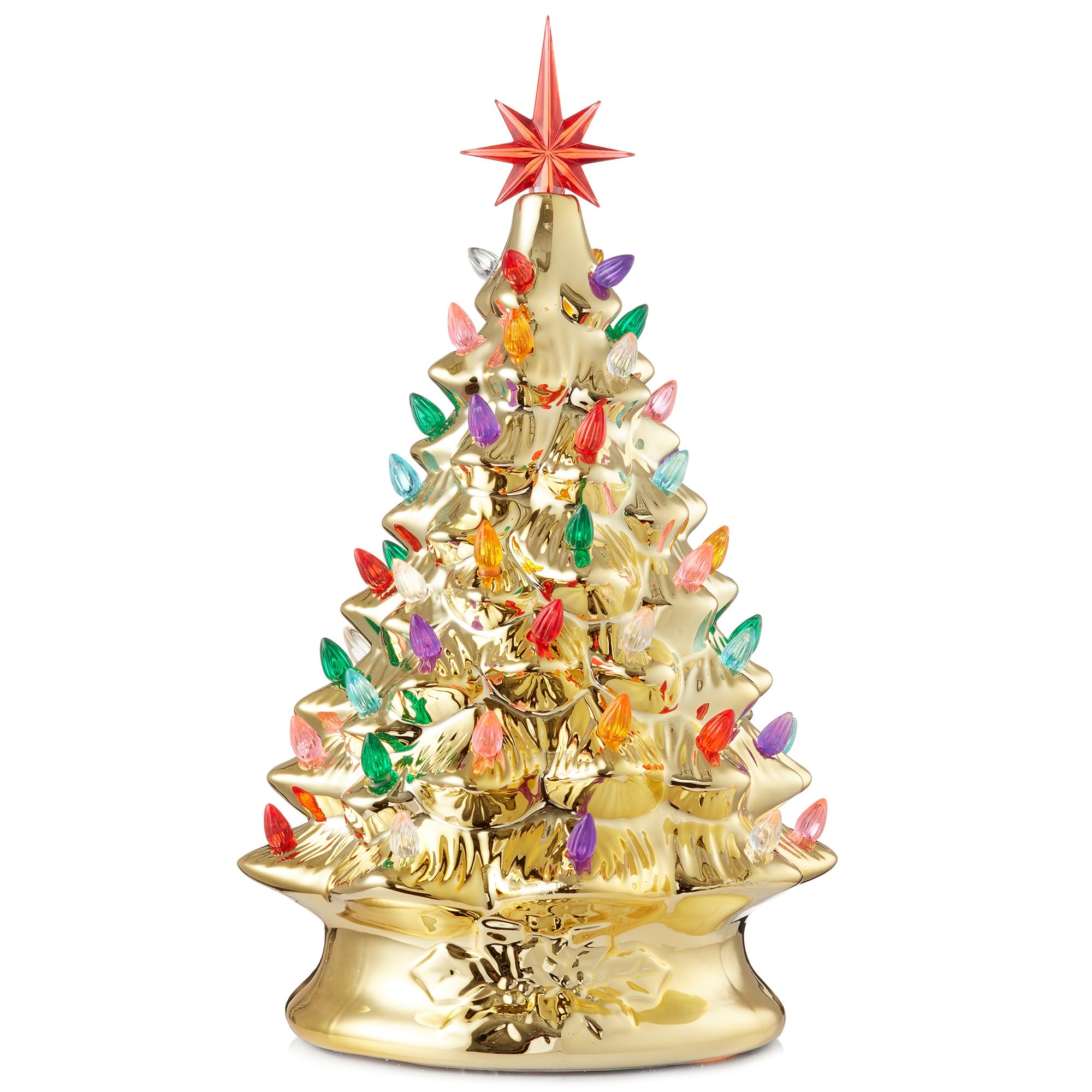 Casafield Hand Painted Ceramic Christmas Tree, Gold 15-Inch Pre-Lit Tree with 128 Multi Color Lights and 2 Star Toppers