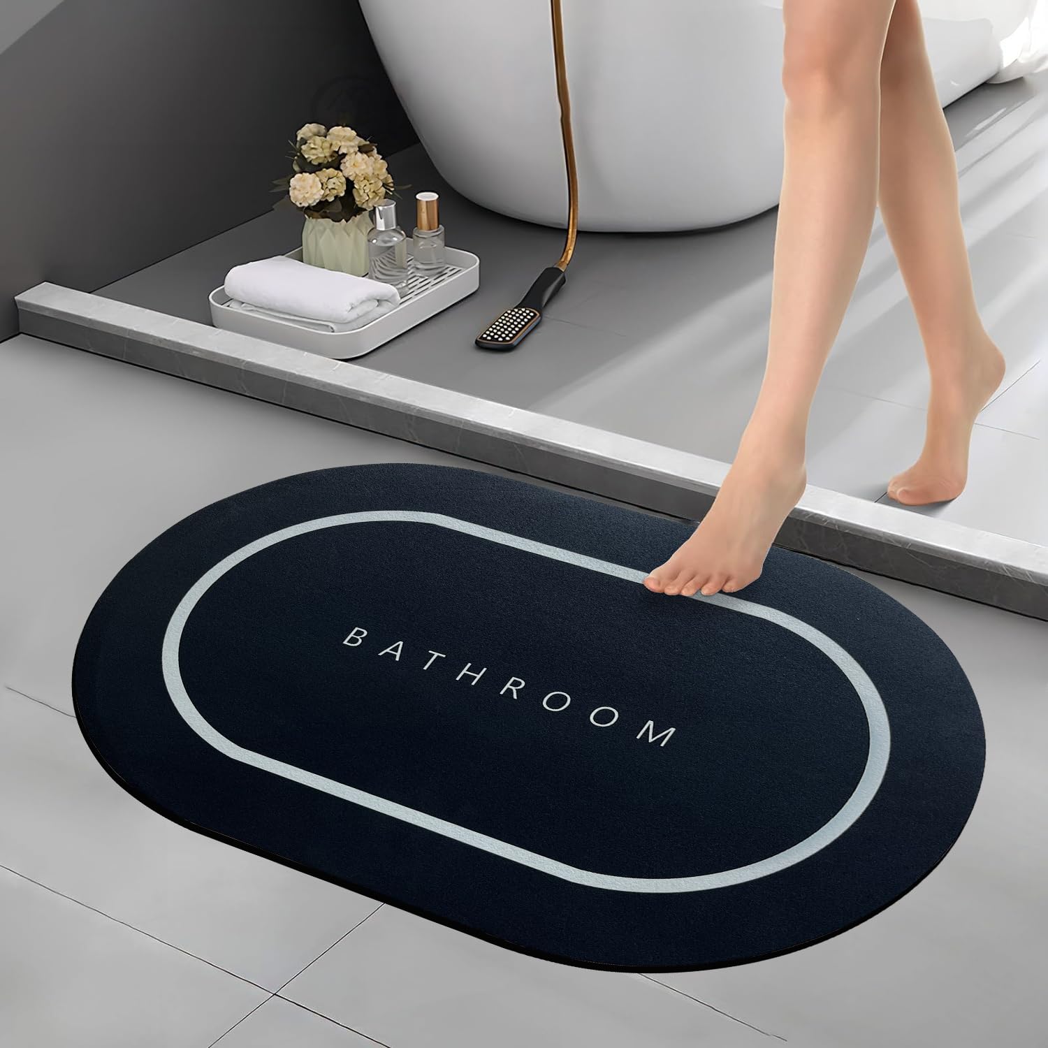 Canway 3.5 Mm AntiSkid Water Absorbent Bath Mat | Quick Dry & Soft Door Mat 40X60Cm Black