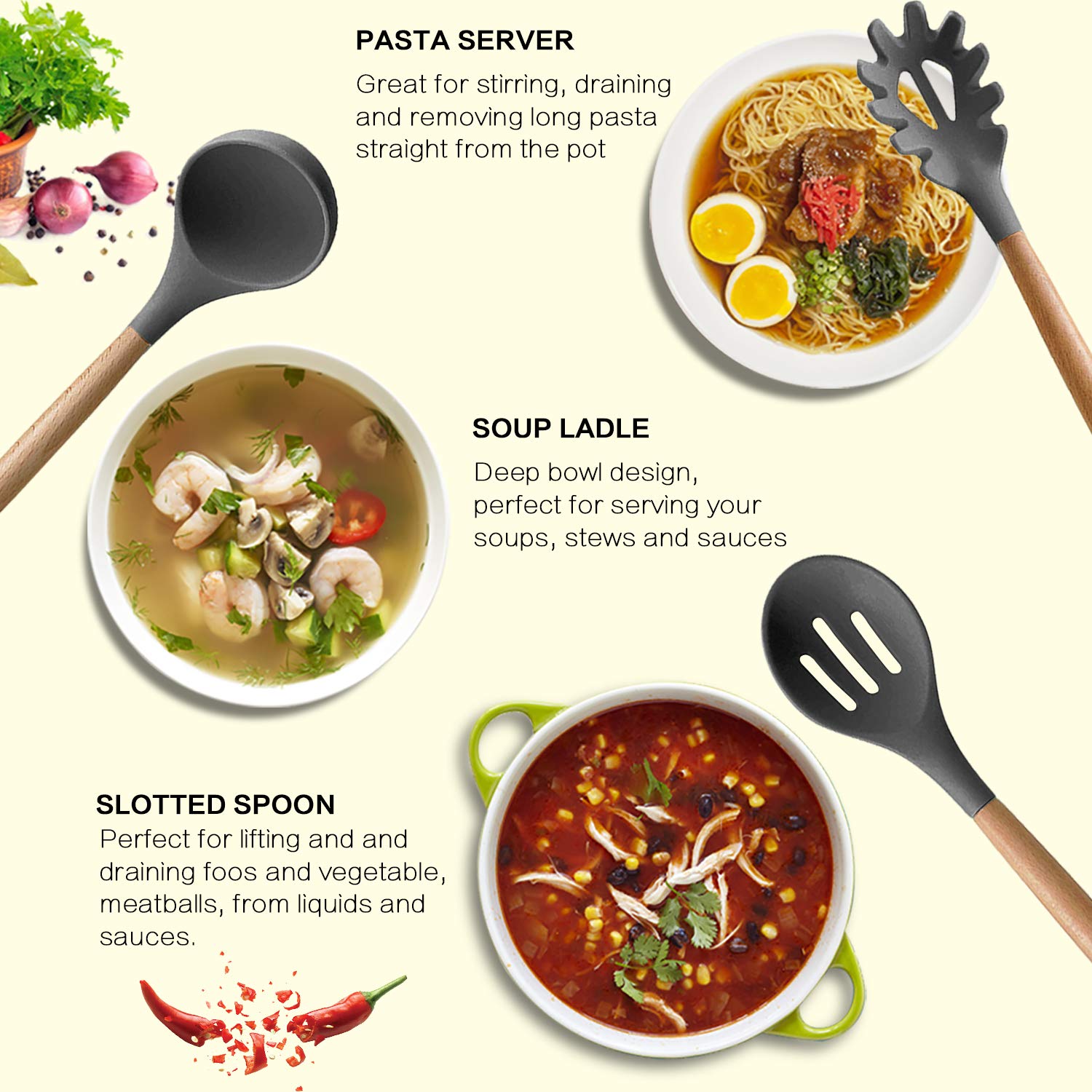 Mibote 17 Pcs Silicone Cooking Kitchen Utensils Set With Holder, Wooden Handles Silicone Turner Tongs Spatula Spoon Kitchen Gadg