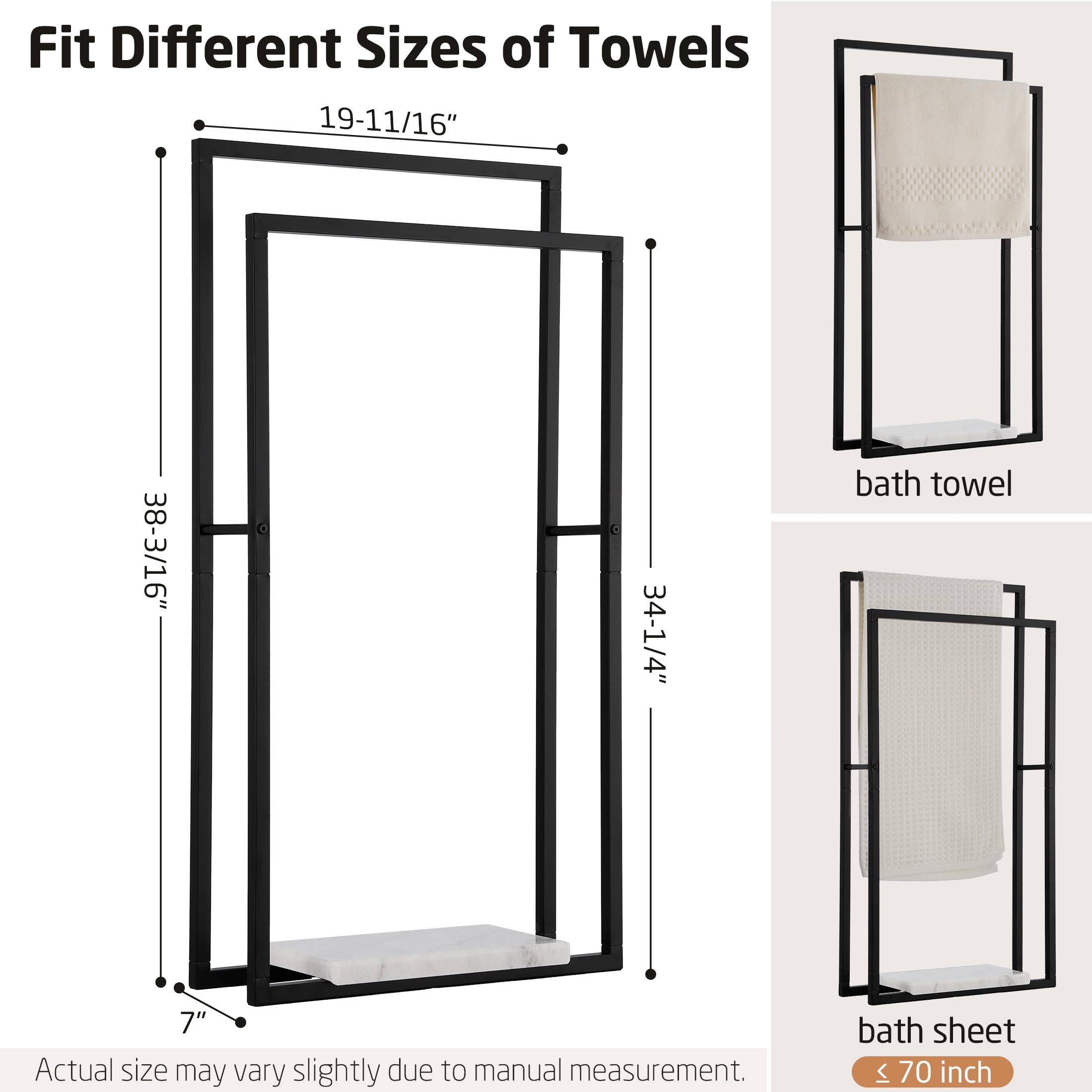Kes Standing Towel Racks For Bathroom With Heavy Marble Base, 38'' H Towel Rack Stand For Bathroom 2-Tier, Blanket Rack For Bath