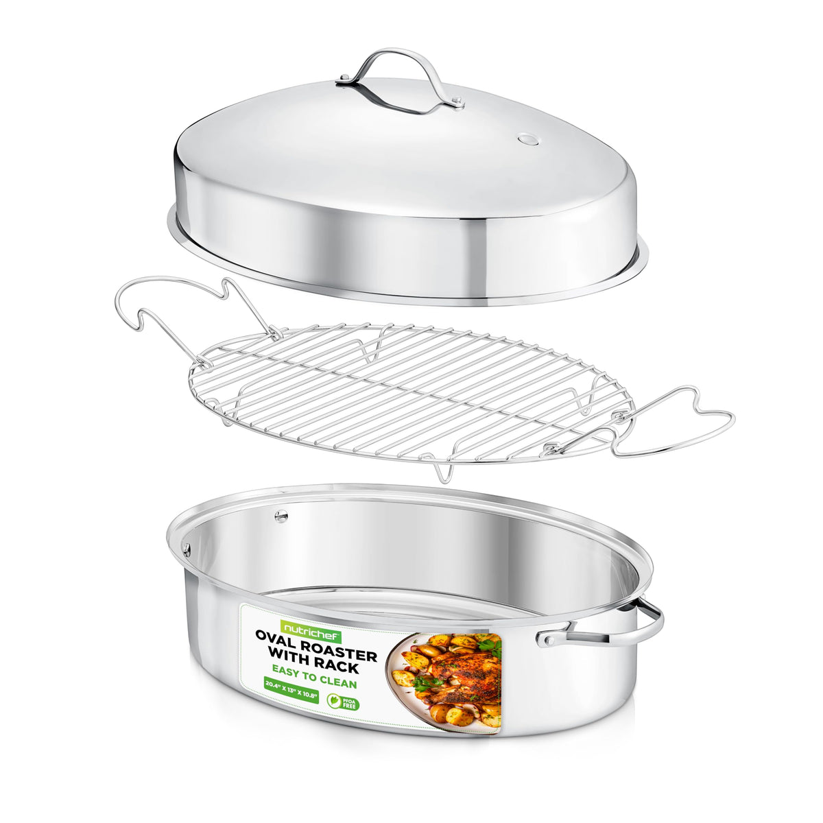 Nutrichef 20'' Oval Roasting Pan With Rack And Lid - Premium Stainless Steel Roaster Dish W/ Wide Handles & Removable Rack, Mult